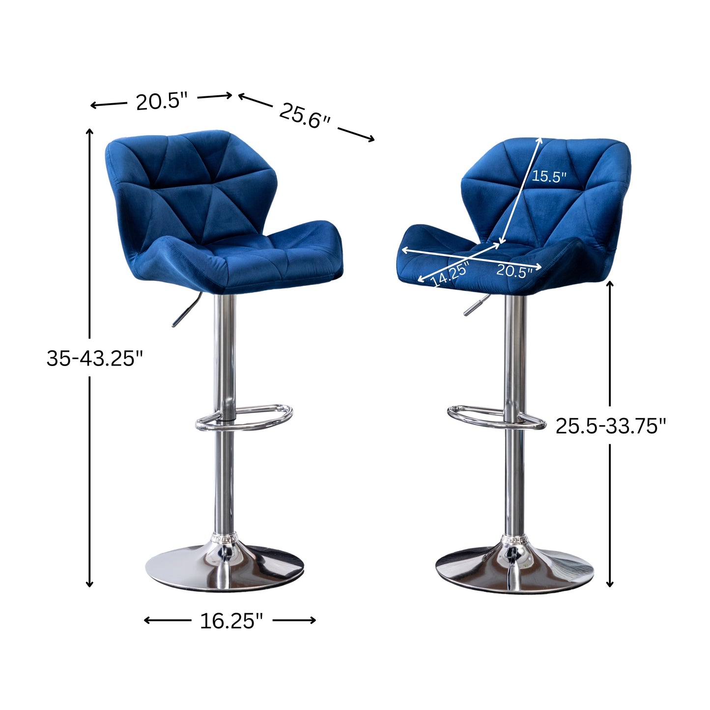 Breni Velvet Diamond Tufted Swivel Adjustable Height Barstool, Set of 2, Blue