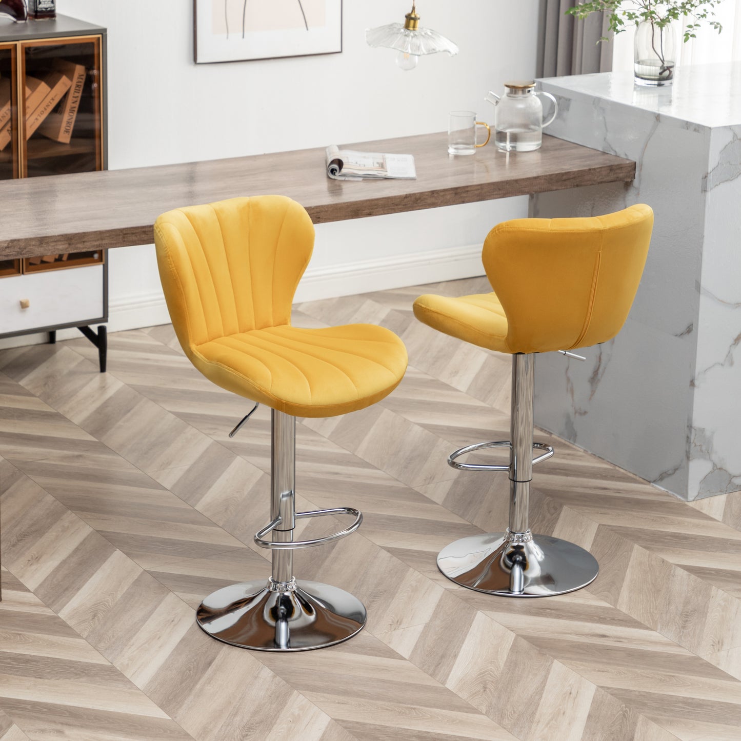 Ellston Upholstered Adjustable Swivel Barstools in Yellow, Set of 2