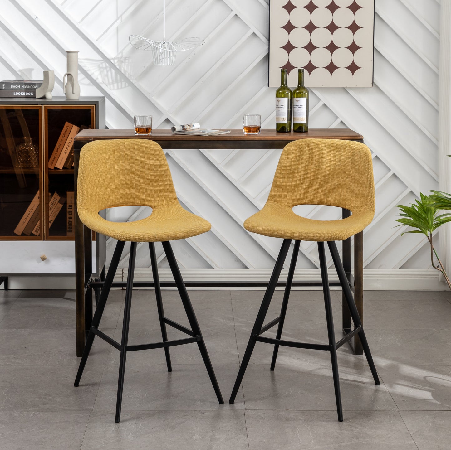 Roundhill Furniture Porth Fabric Kitchen 28.25" Barstools, Set of 2, Yellow