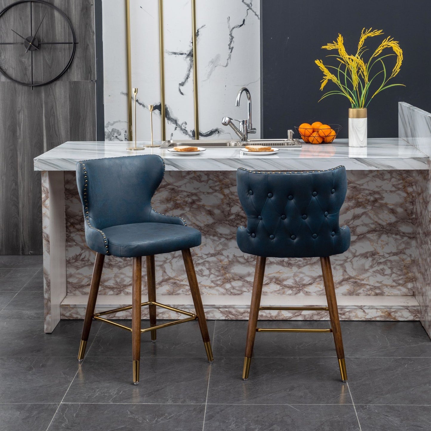 Roundhill Furniture Nevis Mid-century Modern Faux Leather Tufted Nailhead Trim Counter Stools, Set of 2