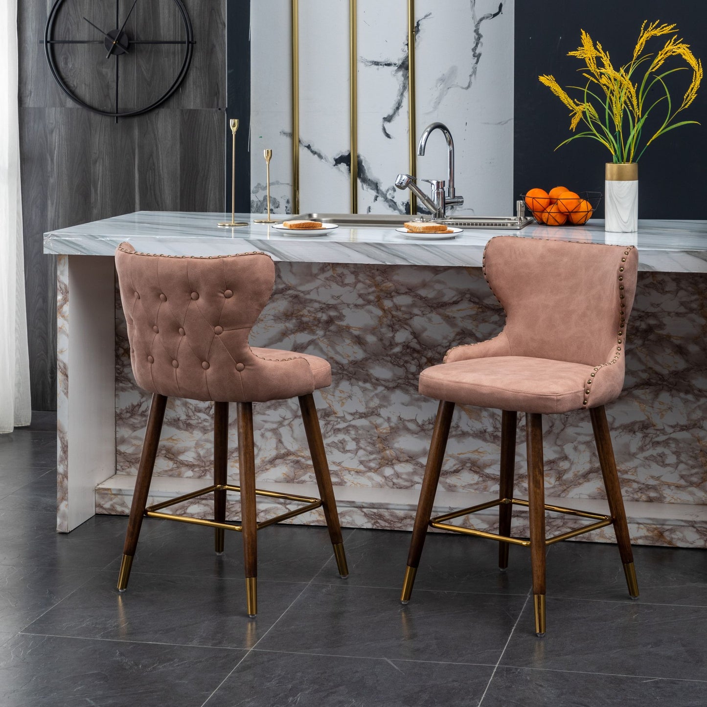 Roundhill Furniture Nevis Mid-century Modern Faux Leather Tufted Nailhead Trim Counter Stools, Set of 2