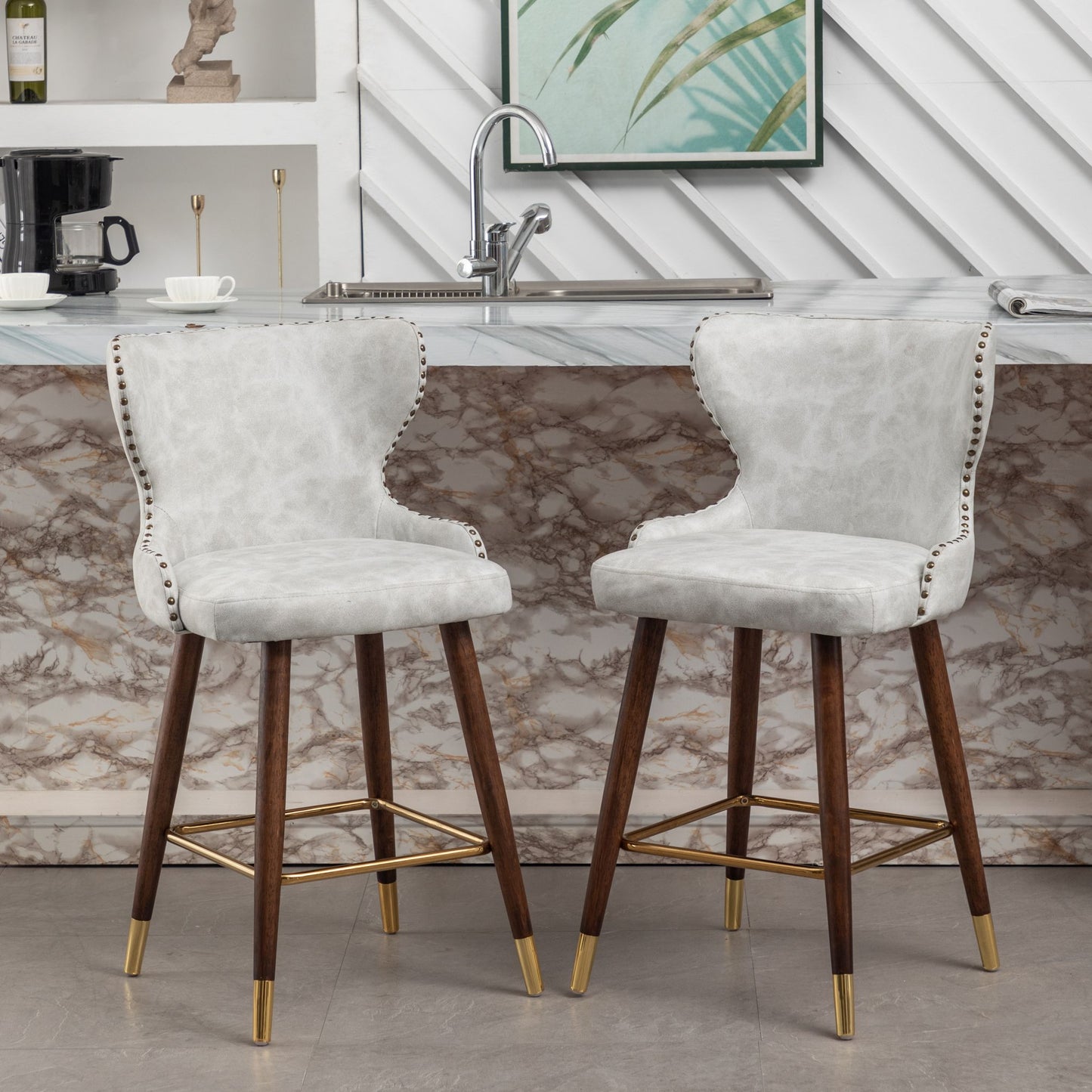 Roundhill Furniture Nevis Mid-century Modern Faux Leather Tufted Nailhead Trim Counter Stools, Set of 2