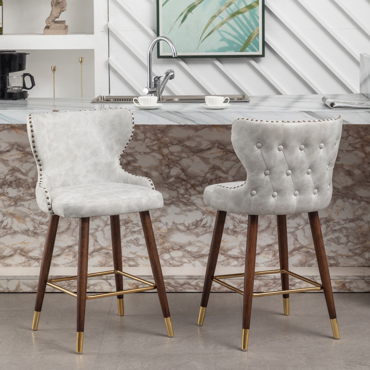 Roundhill Furniture Nevis Mid-century Modern Faux Leather Tufted Nailhead Trim Counter Stools, Set of 2
