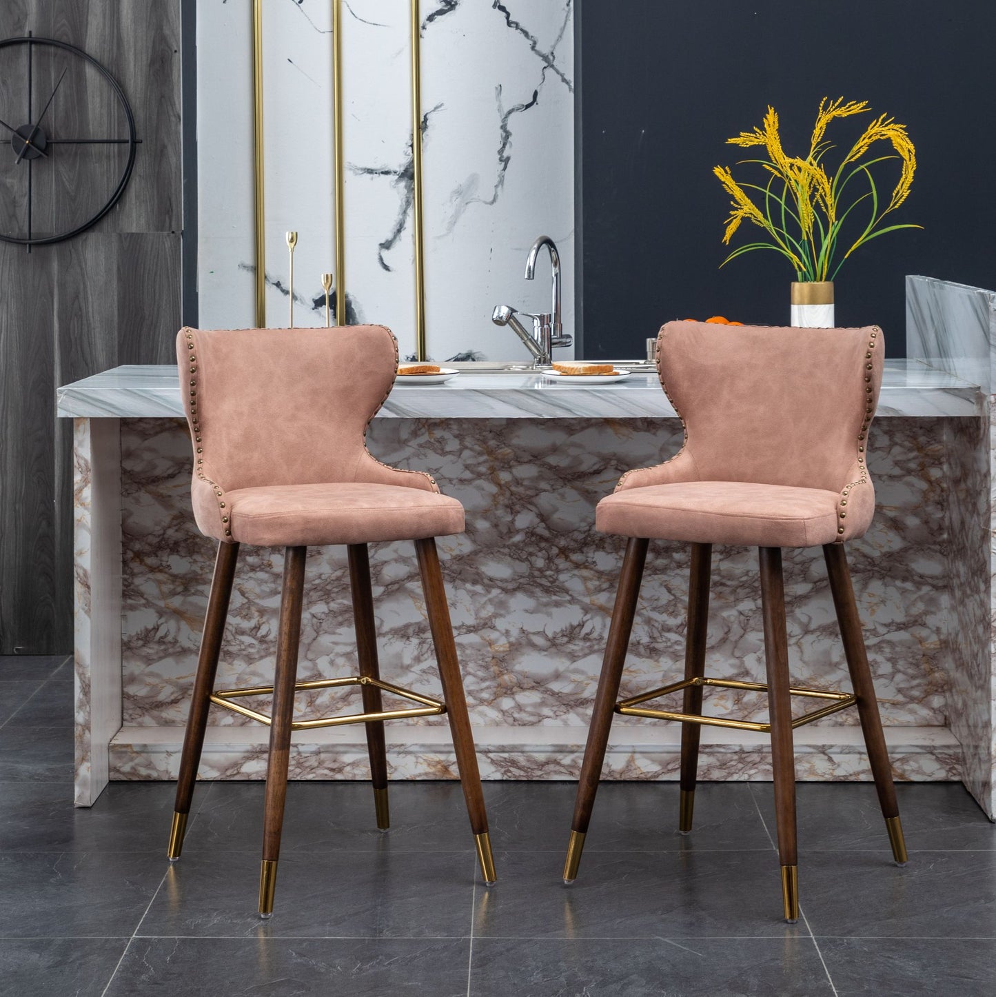 Roundhill Furniture Nevis Mid-century Modern Faux Leather Tufted Nailhead Trim Barstools, Set of 2
