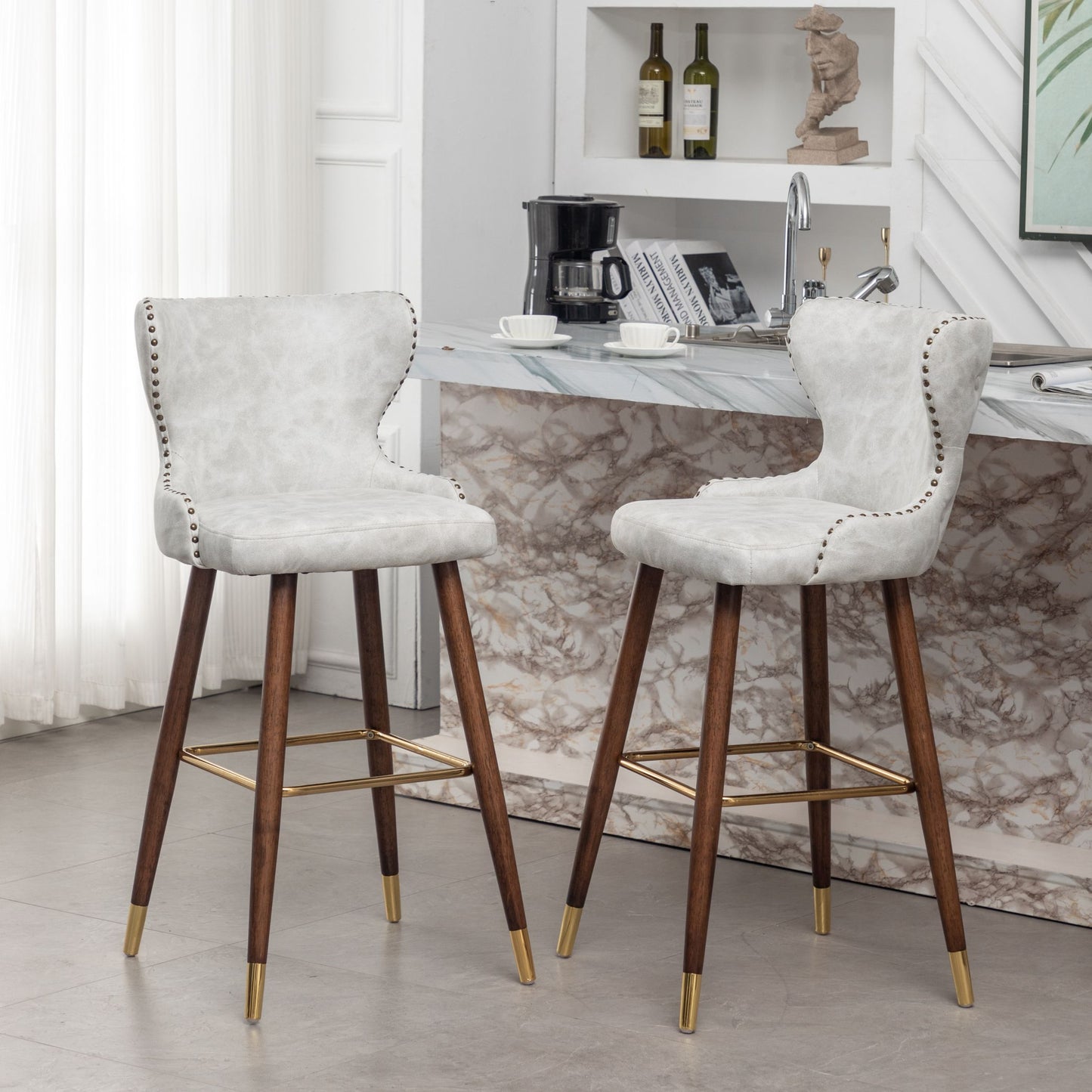 Roundhill Furniture Nevis Mid-century Modern Faux Leather Tufted Nailhead Trim Barstools, Set of 2
