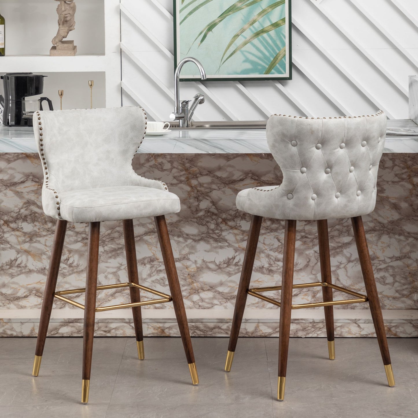 Roundhill Furniture Nevis Mid-century Modern Faux Leather Tufted Nailhead Trim Barstools, Set of 2