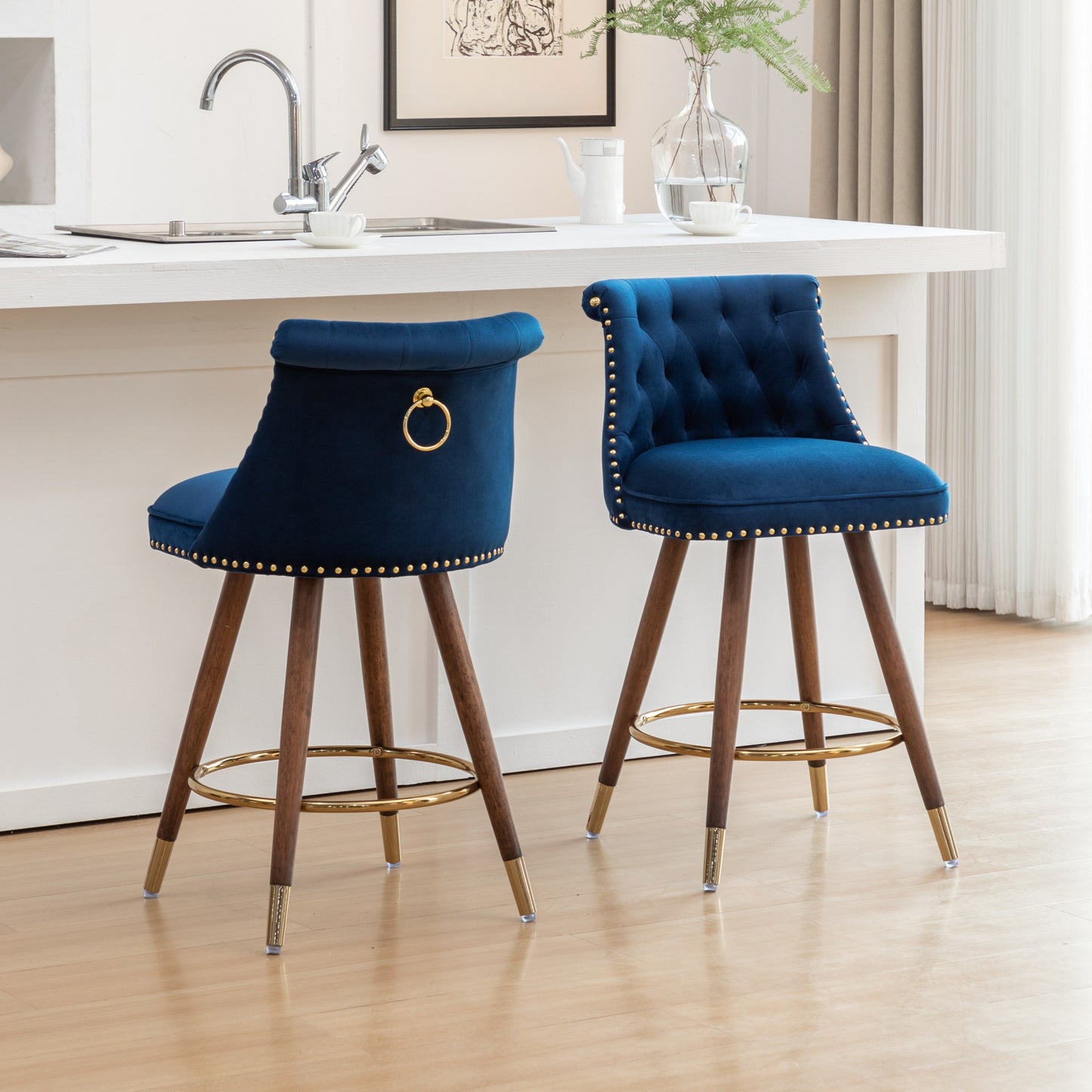 Roundhill Furniture Elvara Set of 2 Button-Tufted Counter Stools with Nailhead Trim