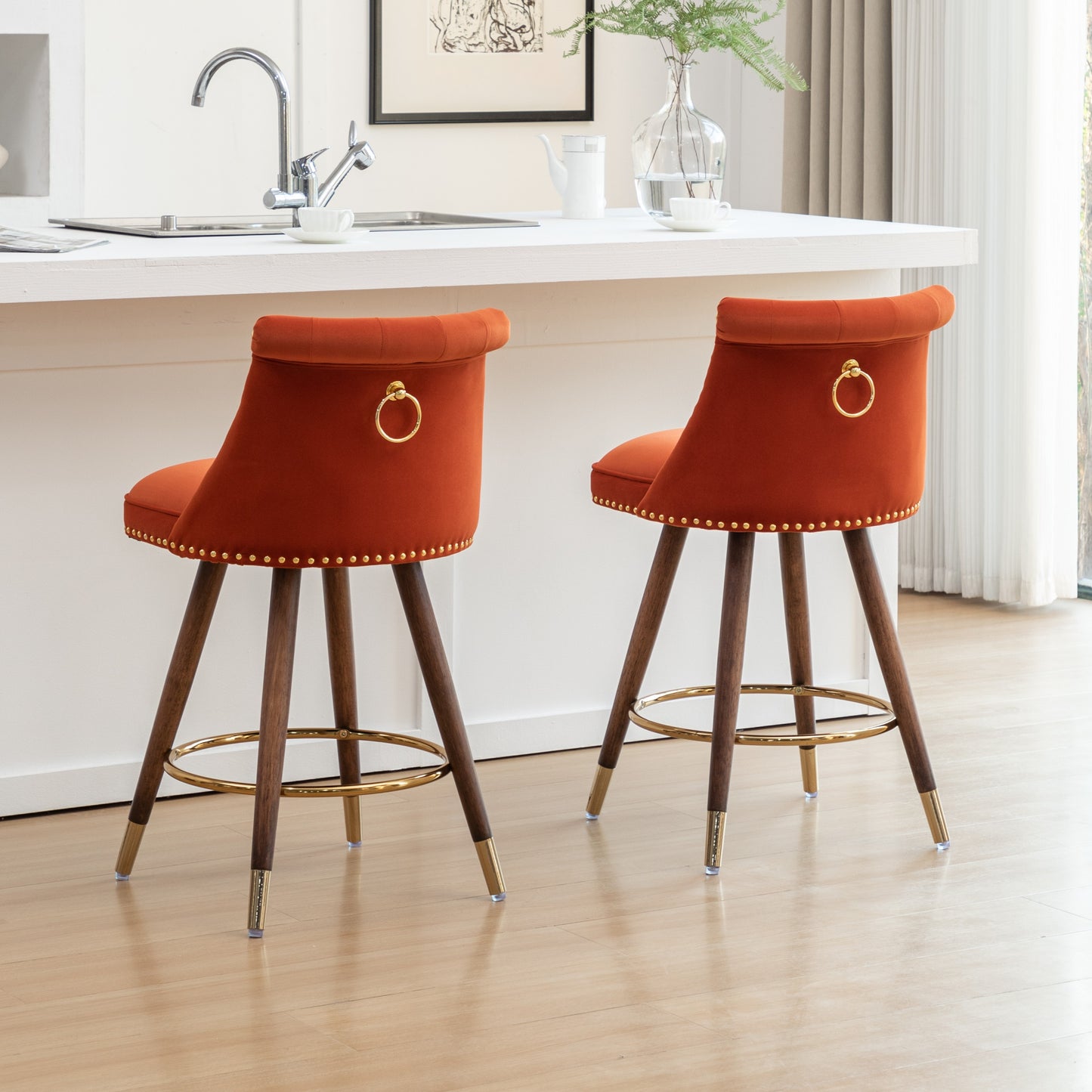 Roundhill Furniture Elvara Set of 2 Button-Tufted Counter Stools with Nailhead Trim