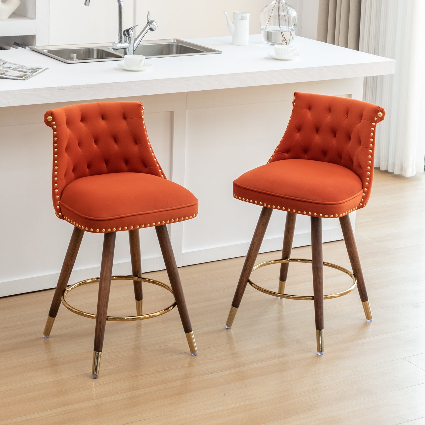 Roundhill Furniture Elvara Set of 2 Button-Tufted Counter Stools with Nailhead Trim