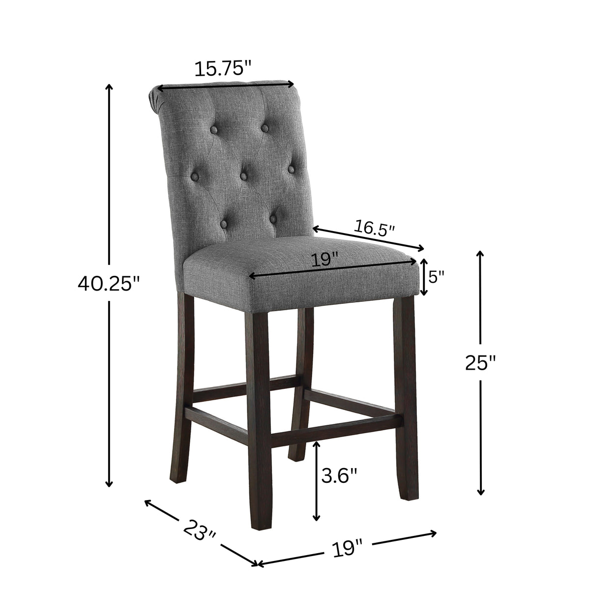 Leviton Solid Wood Tufted Asons Counter Height Stool, Set of 2, Grey