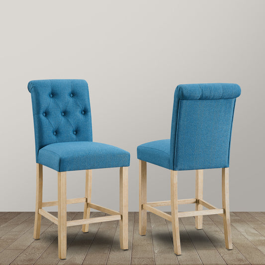 Siena Counter Height Button Tufted Back Solid Wood Stools, Set of 2, Blue