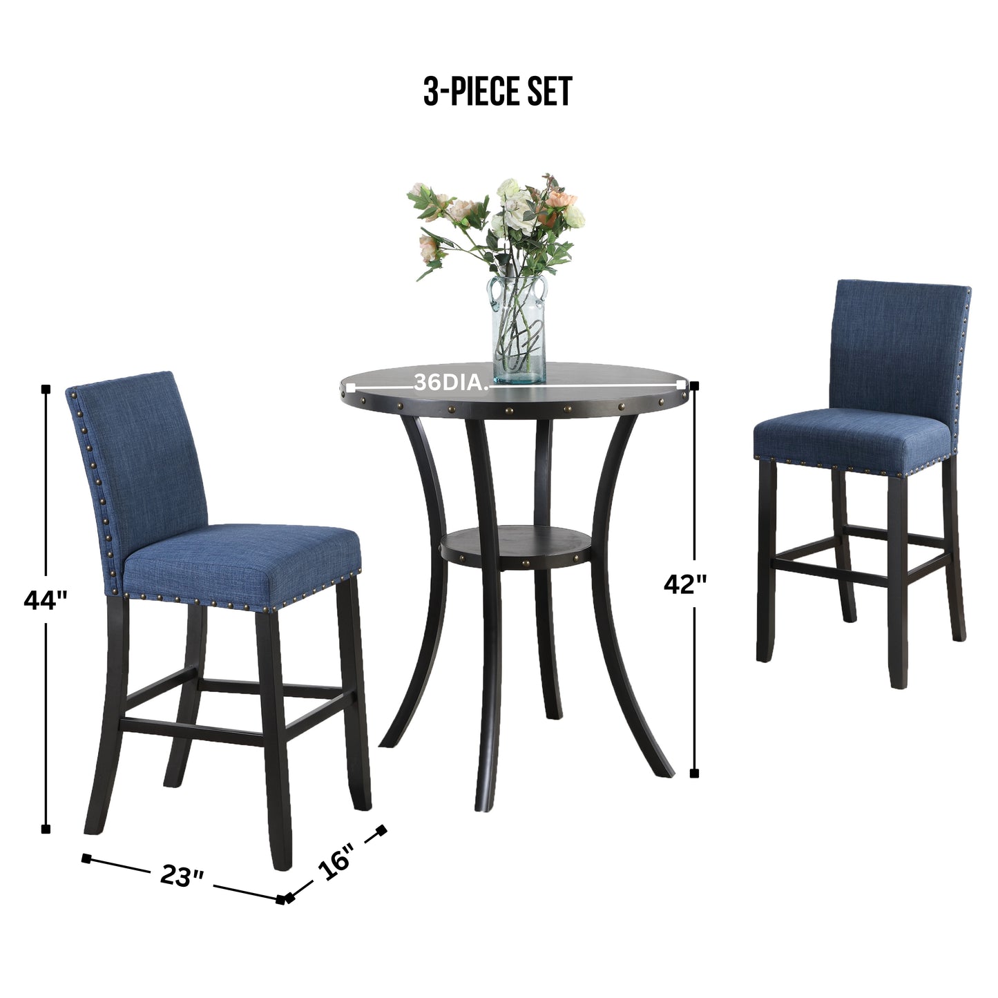 Biony 3-Piece 36" Round Espresso Finish Bar Table with 2 Blue Fabric Nail Head Pub Chairs