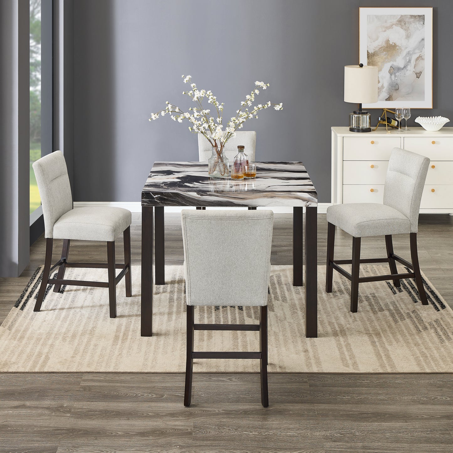 Roundhill Furniture Cavira Modern Faux Marble Counter Height Dining Table with 4 Stools