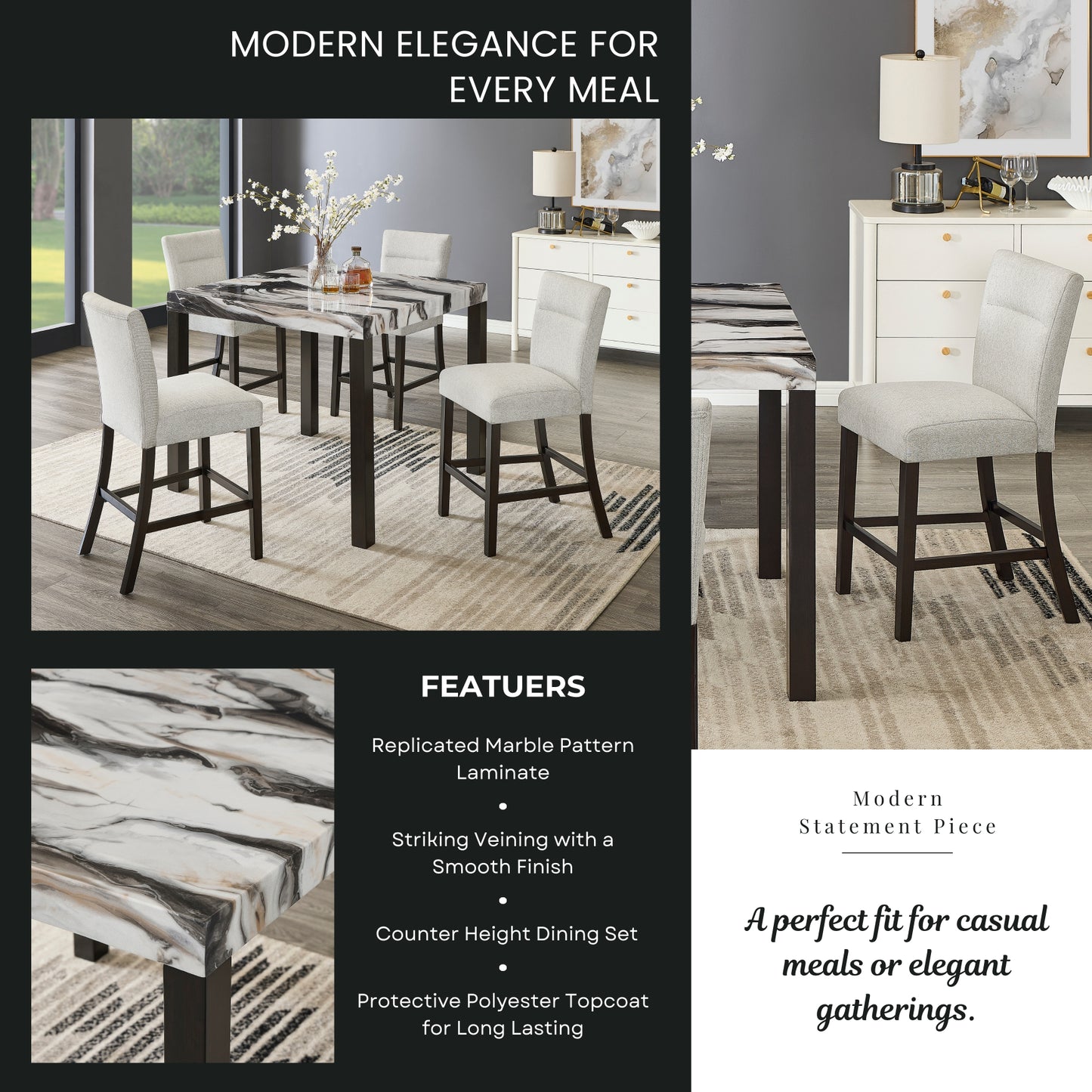 Roundhill Furniture Cavira Modern Faux Marble Counter Height Dining Table with 4 Stools