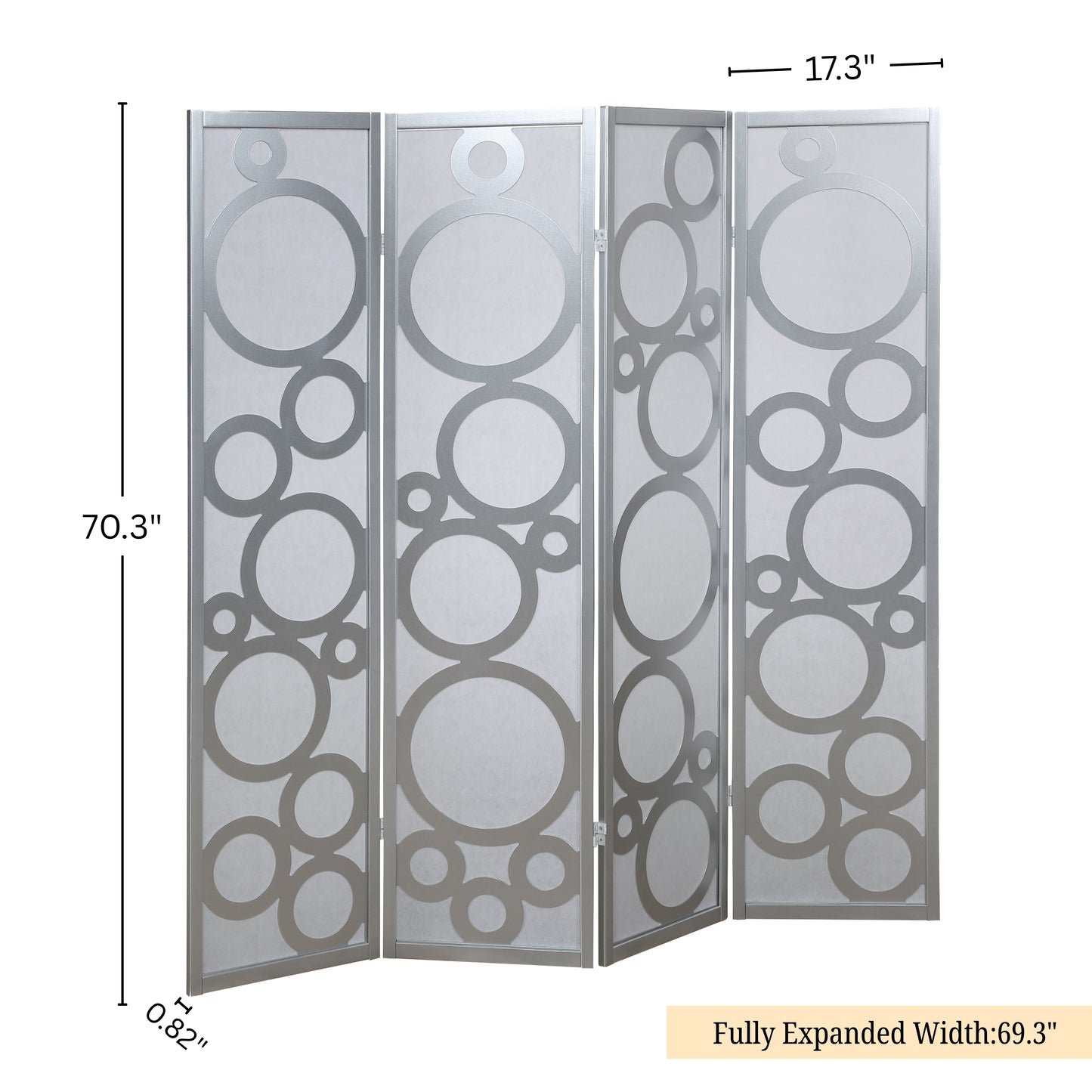 Arvada 4-Panel Wood Room Divider with Circle Pattern, Silver