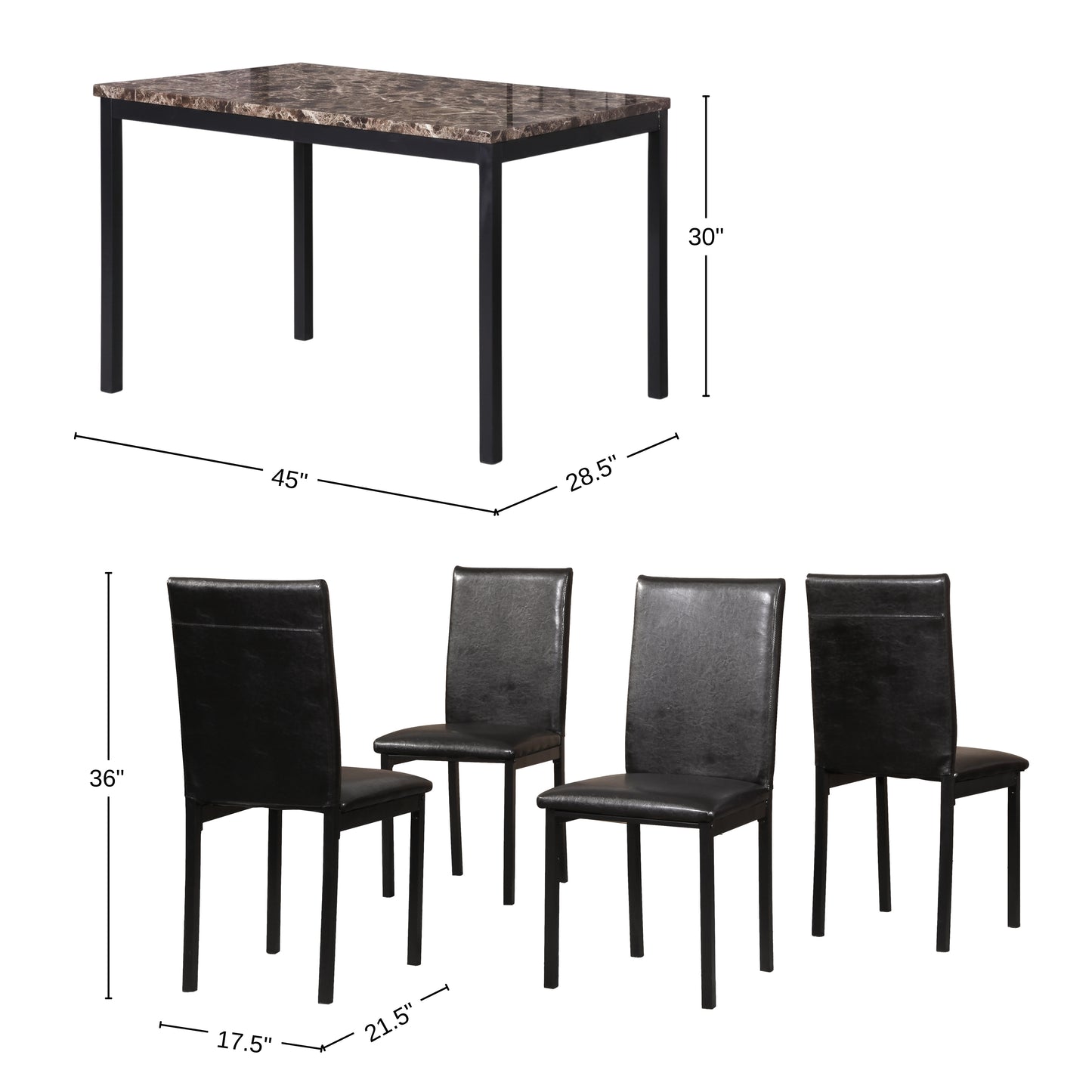 Citico 5-Piece Metal Dinette Set with Laminated Faux Marble Top, Black