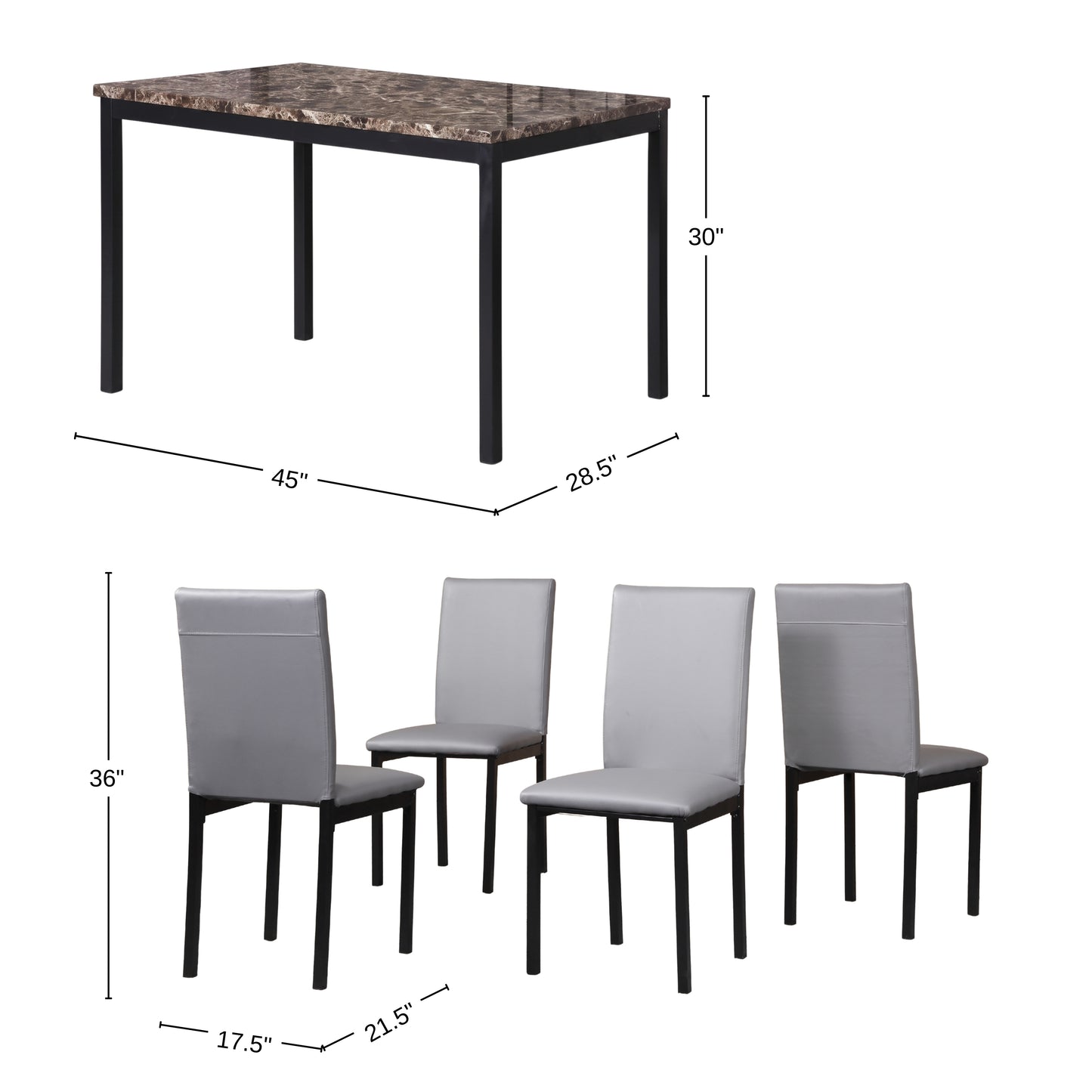 Citico 5-Piece Metal Dinette Set with Laminated Faux Marble Top, Gray