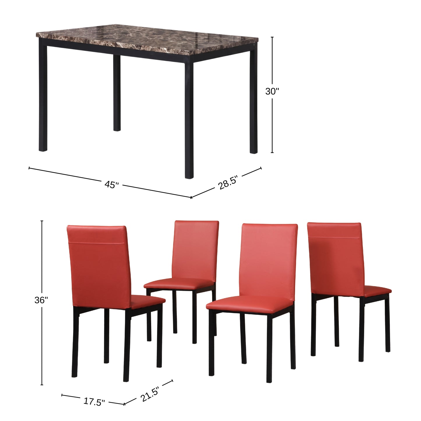 Citico 5-Piece Metal Dinette Set with Laminated Faux Marble Top, Red