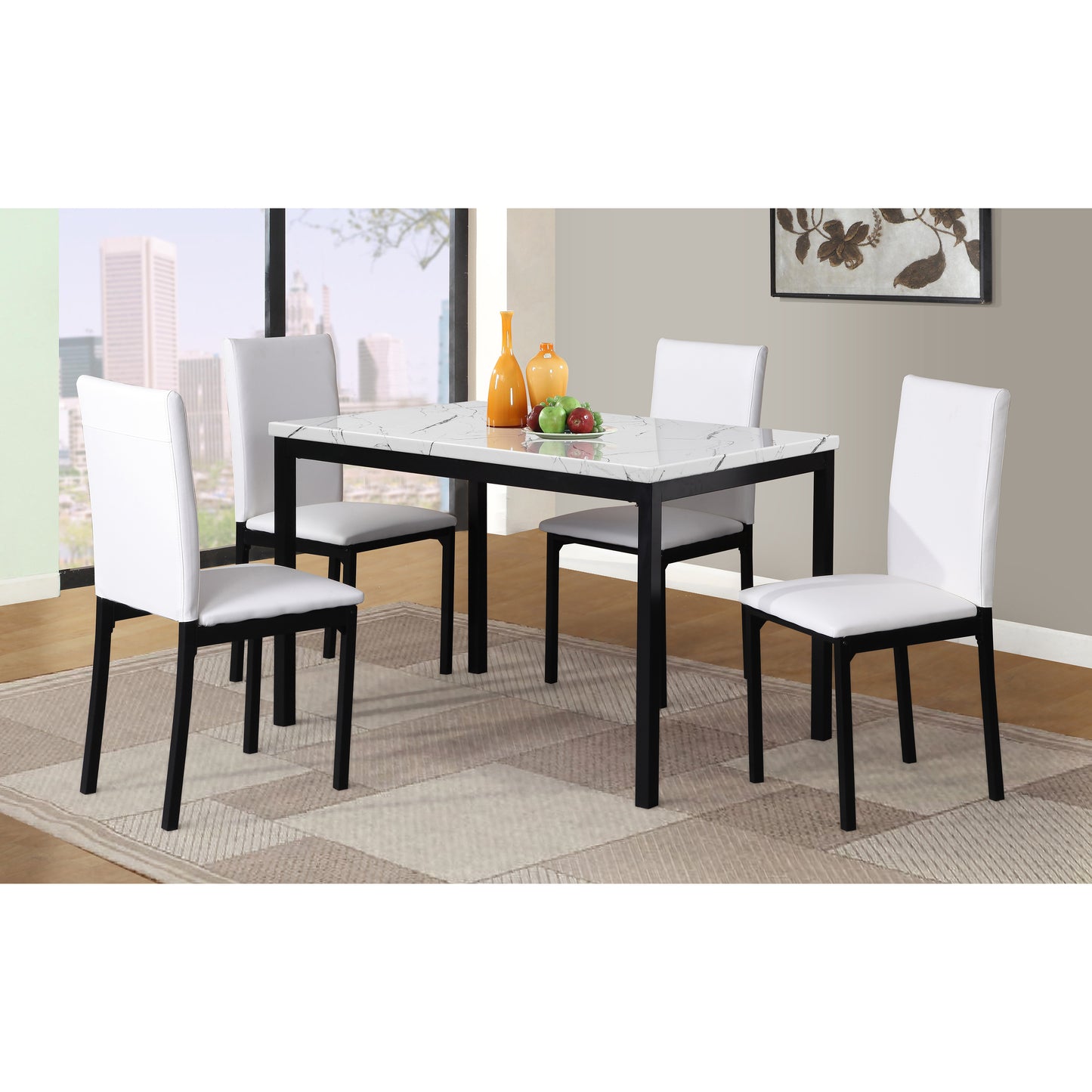 Citico 5-Piece Metal Dinette Set with Laminated Off-white Faux Marble Top, 4 White Chairs
