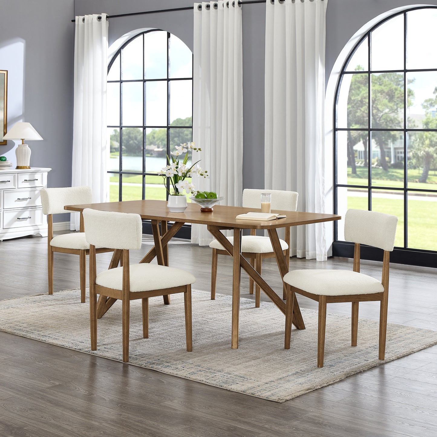 Roundhill Furniture Axler 5-Piece Dining Set, Tripod-Cross Dining Table with 4 Stylish Chairs, Light Oak
