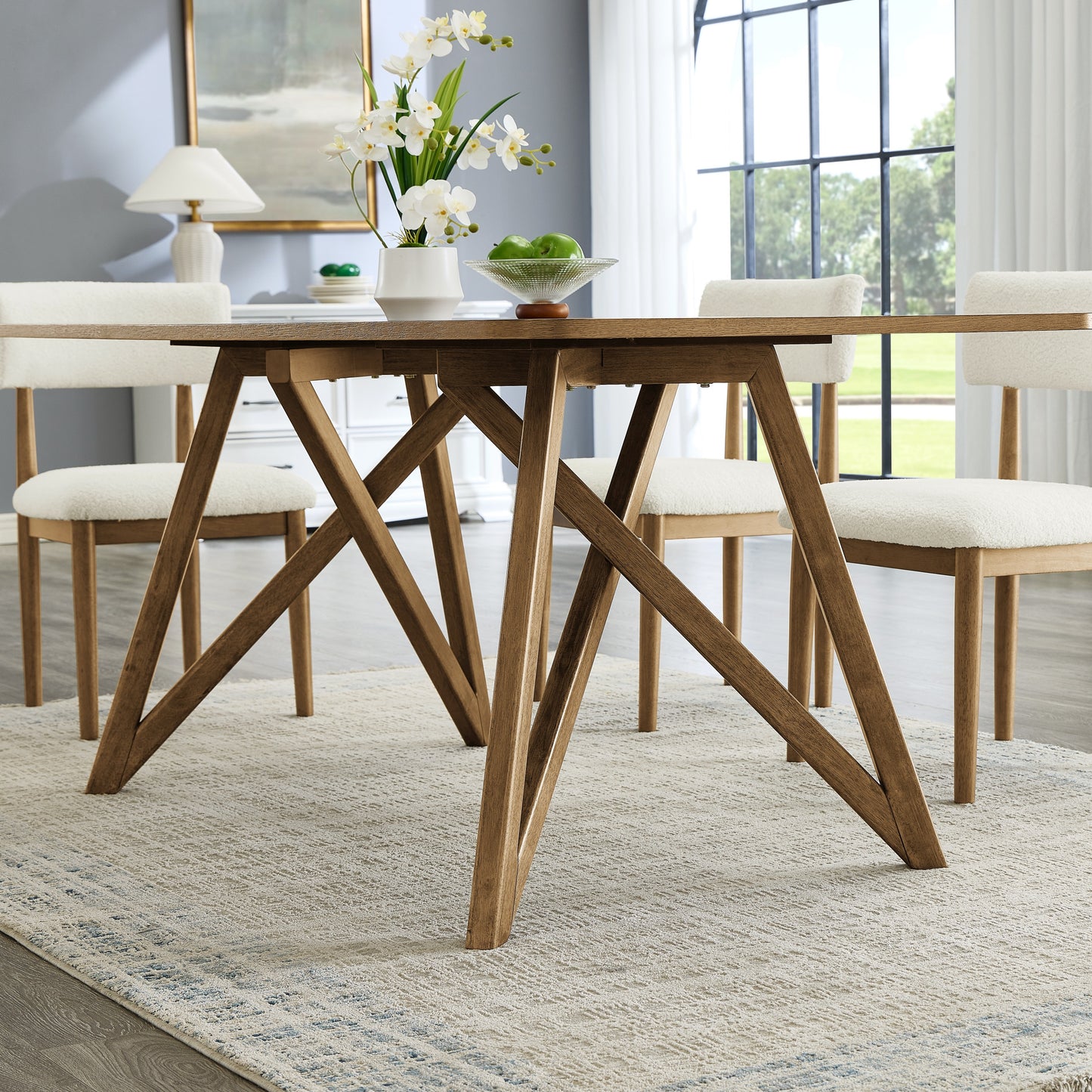Roundhill Furniture Axler 5-Piece Dining Set, Tripod-Cross Dining Table with 4 Stylish Chairs, Light Oak