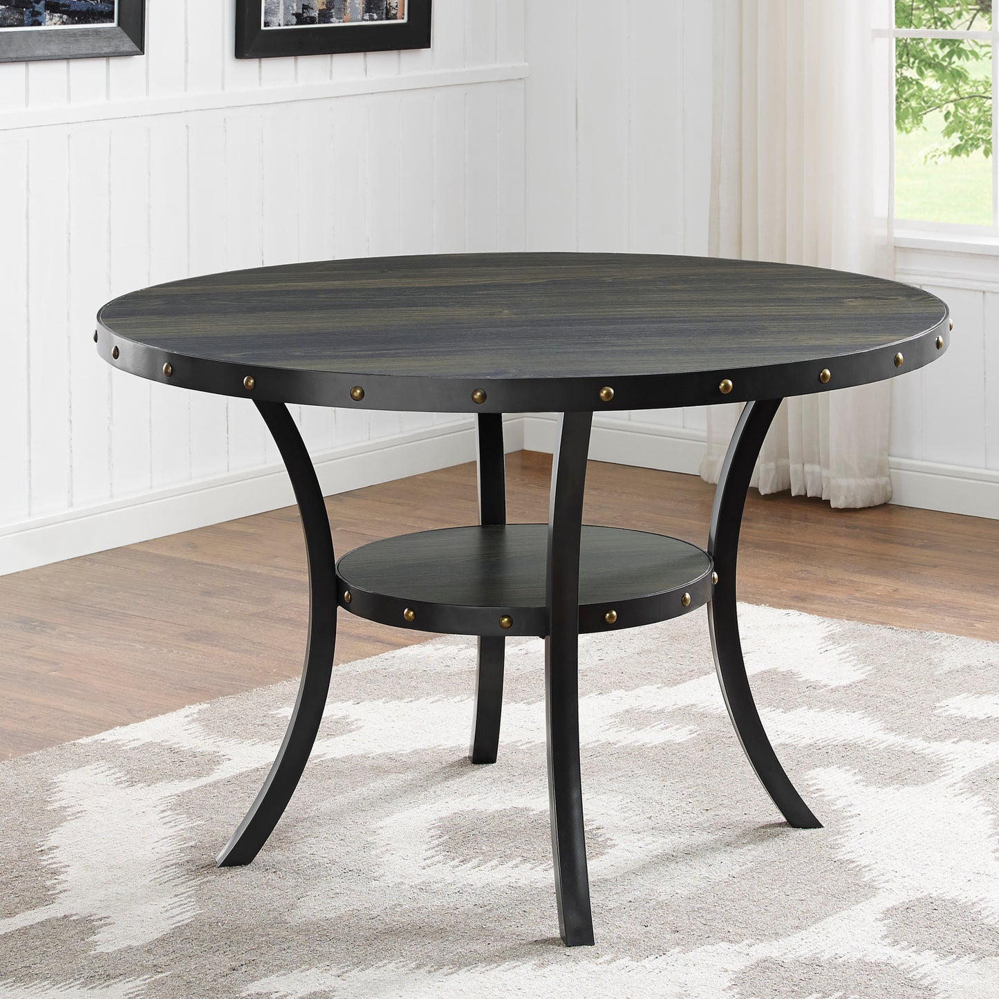 Roundhill Furniture Biony Espresso Wood Dining Set with 4 Fabric Nailhead Chairs