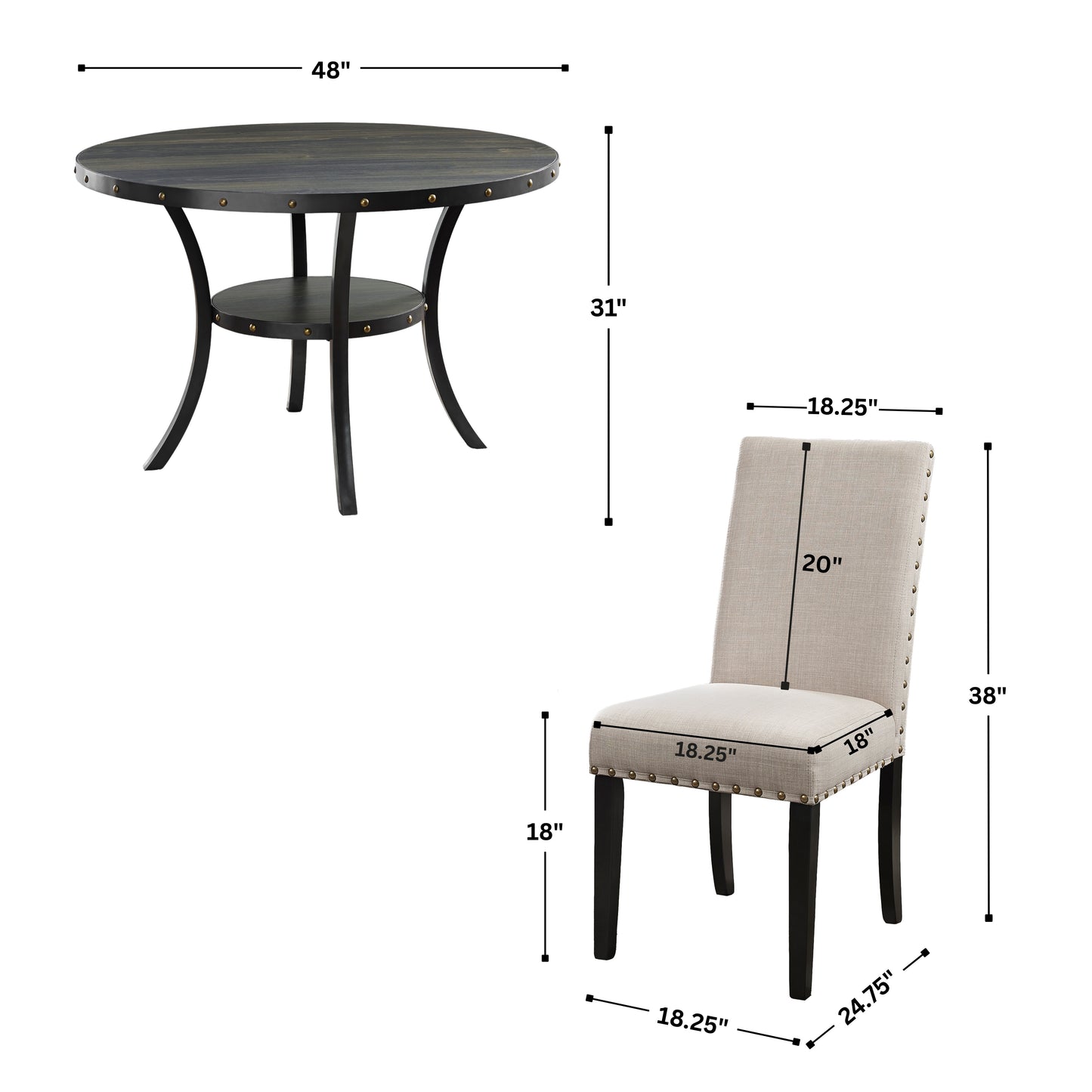 Roundhill Furniture Biony Espresso Wood Dining Set with 4 Fabric Nailhead Chairs