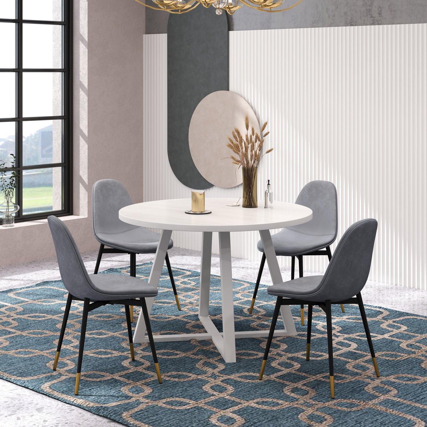 Evatt 5-Piece Round Dining Set, Trestle Round Table with 4 Stylish Chairs