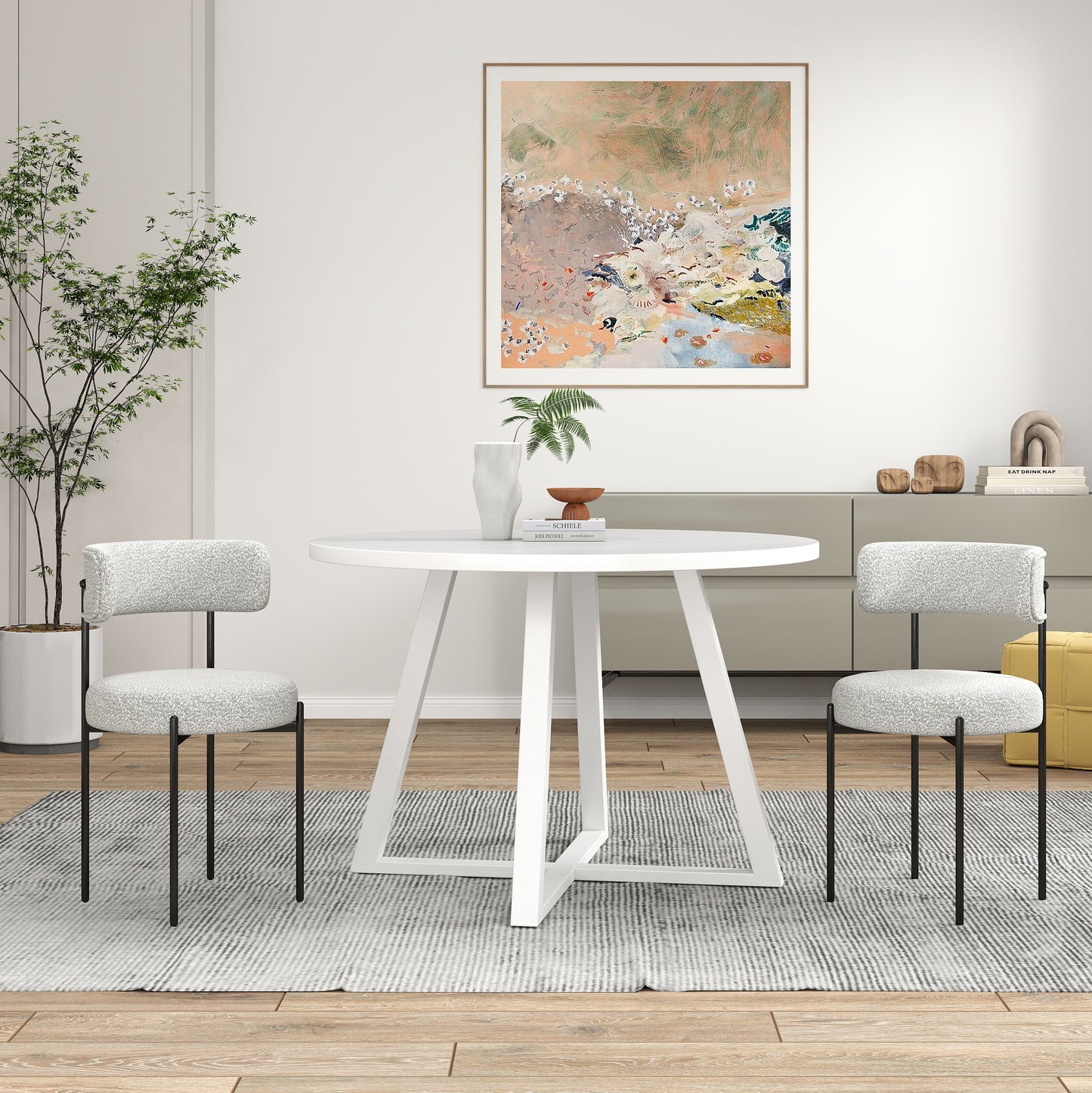 Durban 3-Piece Round Dining Set, Trestle Dining Table with 2 Boucle Chairs