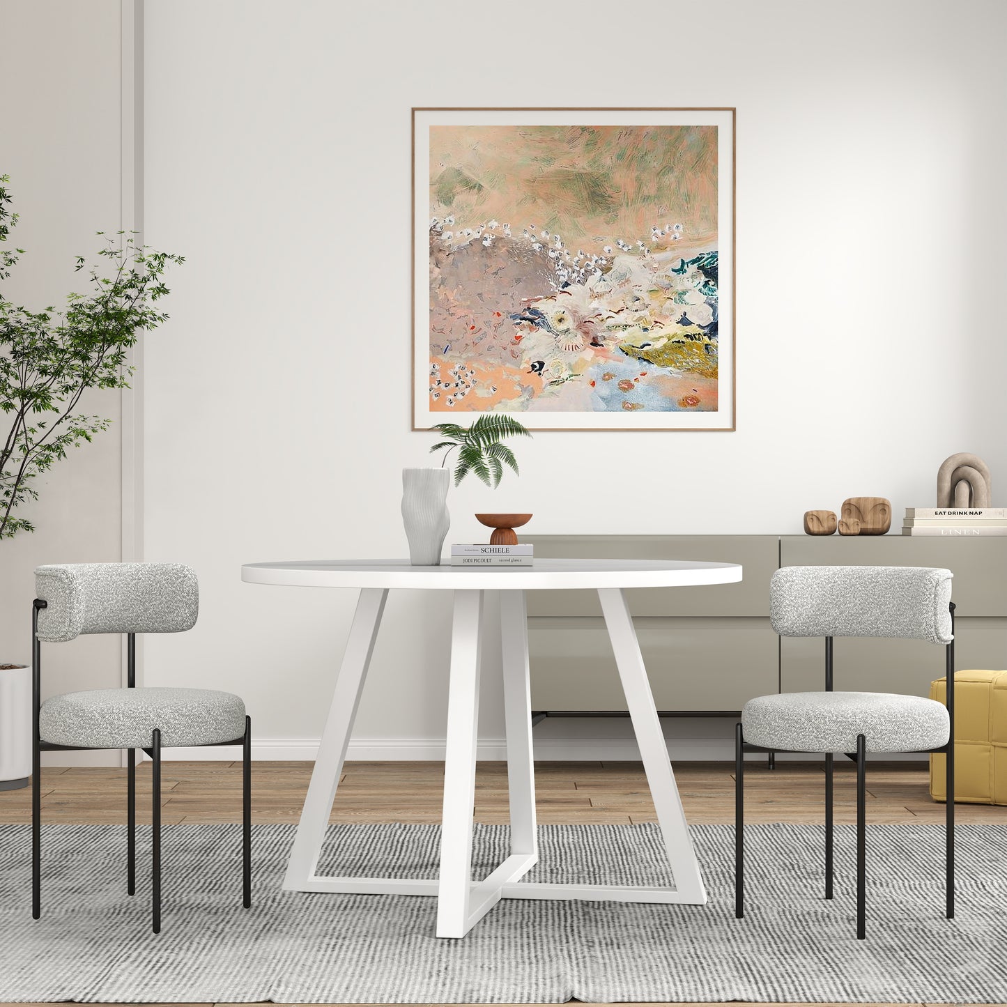 Durban 3-Piece Round Dining Set, Trestle Dining Table with 2 Boucle Chairs