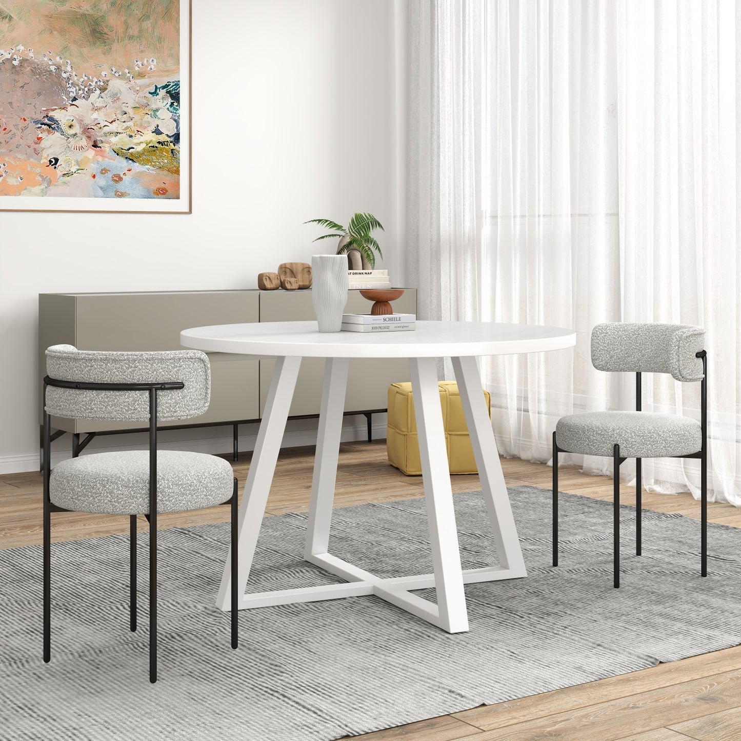 Durban 3-Piece Round Dining Set, Trestle Dining Table with 2 Boucle Chairs