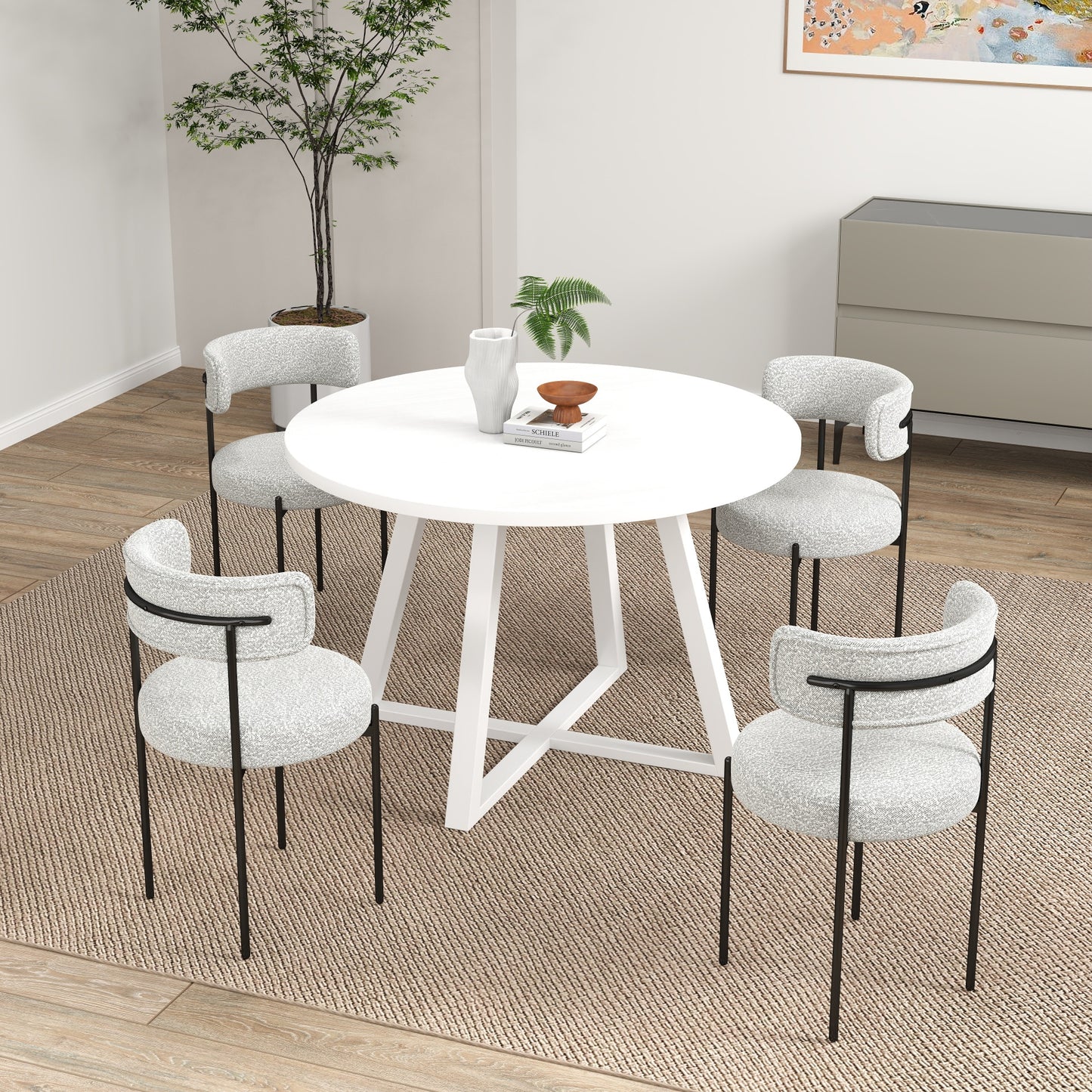 Durban 5-Piece Round Dining Set, Trestle Dining Table with 4 Boucle Chairs
