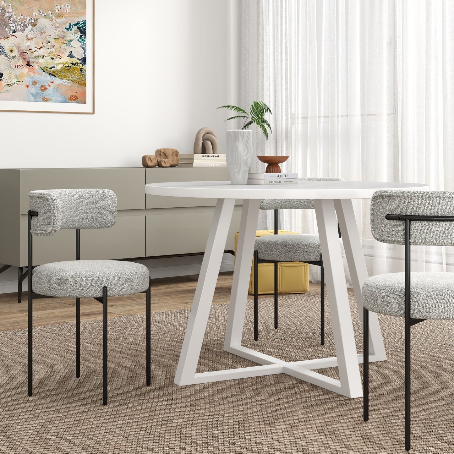 Durban 5-Piece Round Dining Set, Trestle Dining Table with 4 Boucle Chairs