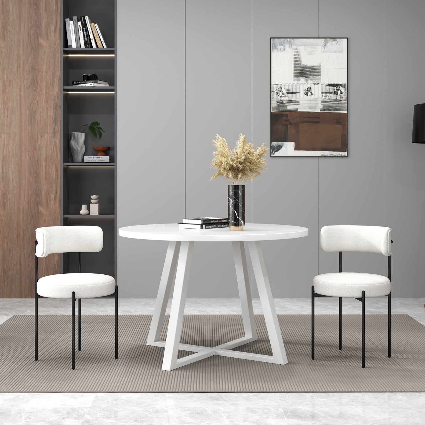 Durban 3-Piece Round Dining Set, Trestle Dining Table with 2 Boucle Chairs
