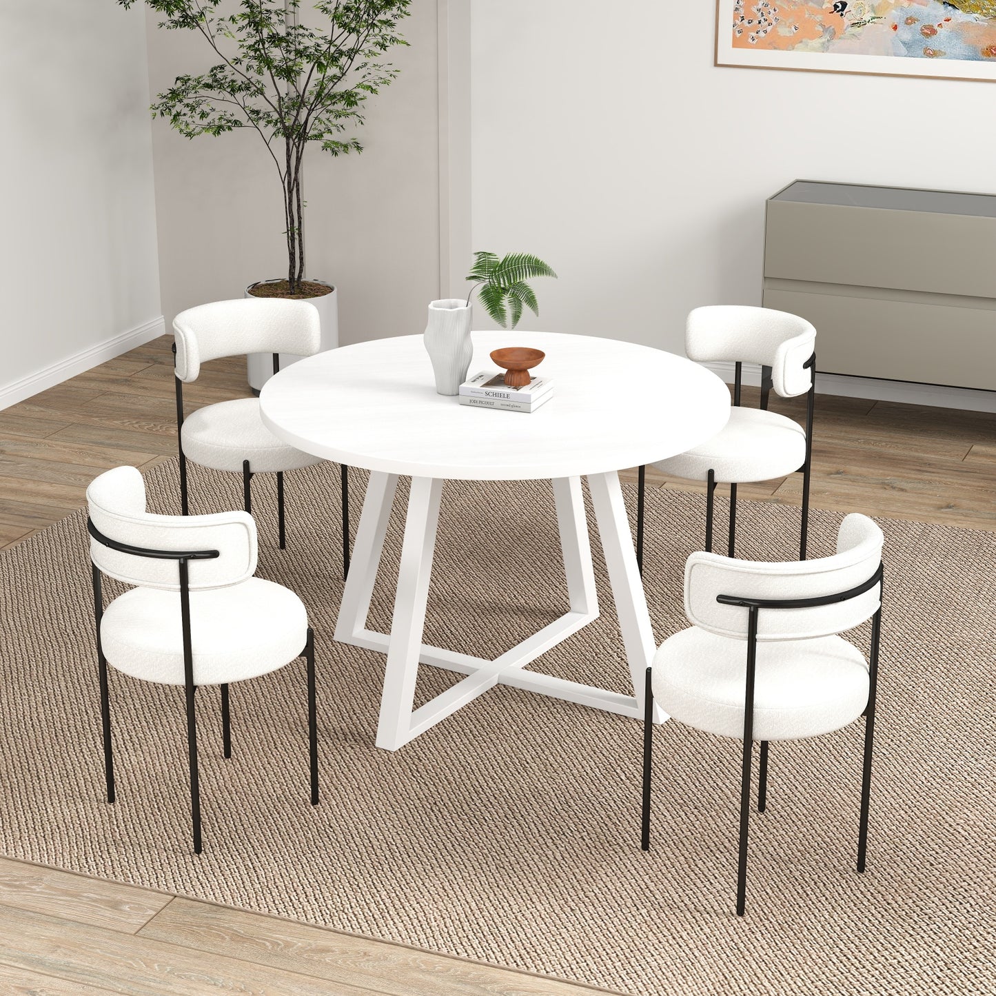 Durban 5-Piece Round Dining Set, Trestle Dining Table with 4 Boucle Chairs