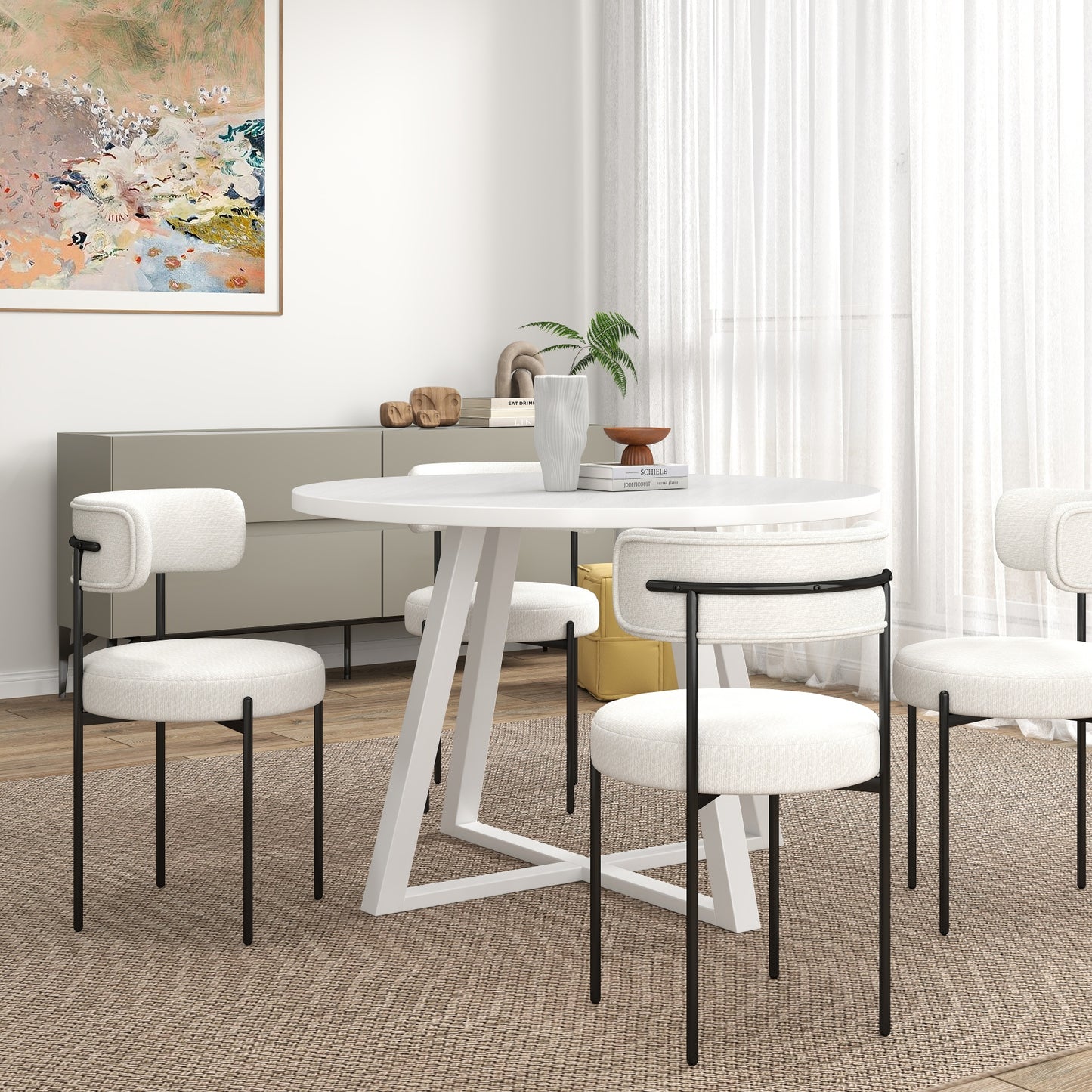 Durban 5-Piece Round Dining Set, Trestle Dining Table with 4 Boucle Chairs