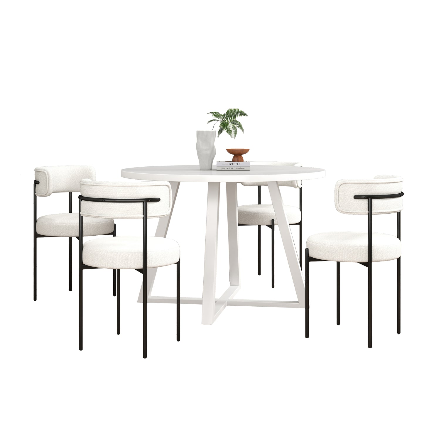 Durban 5-Piece Round Dining Set, Trestle Dining Table with 4 Boucle Chairs