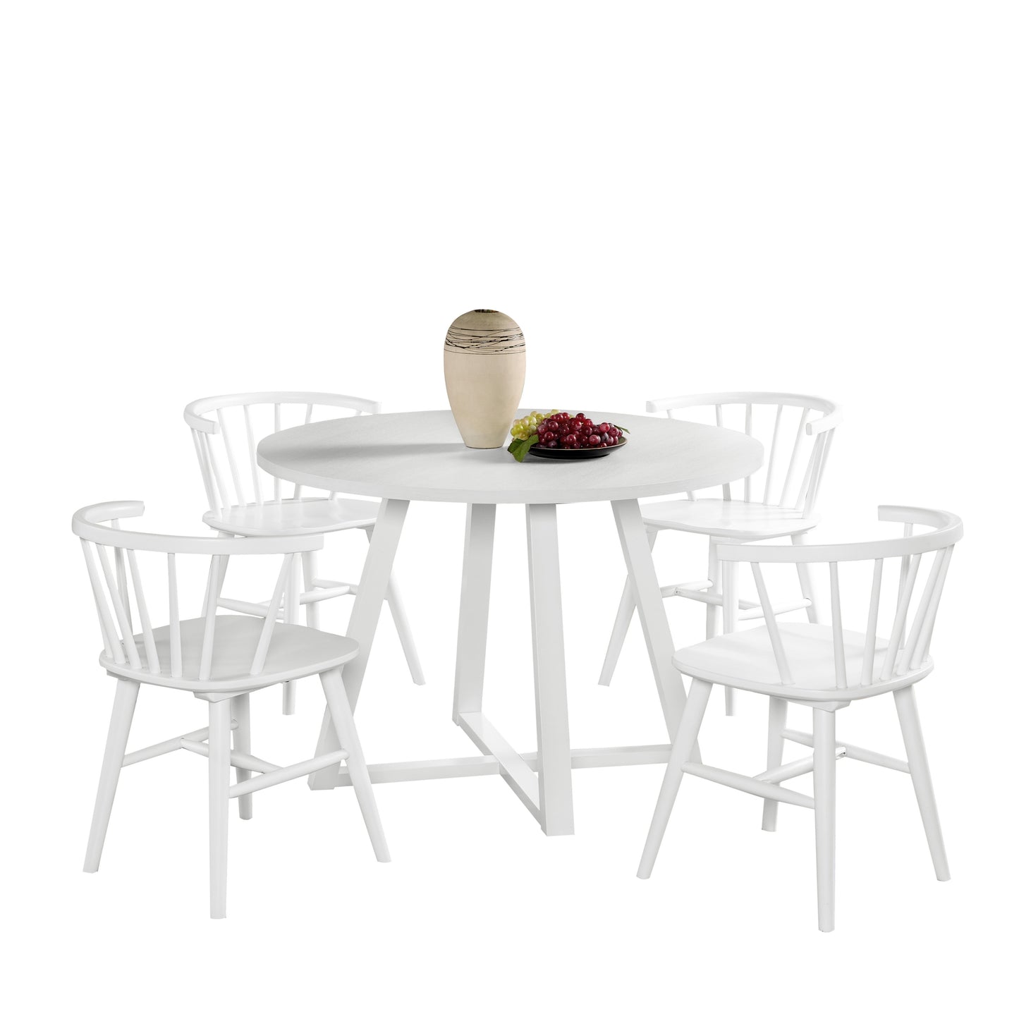 Edo White Wood 5-Piece Dining Set, Trestle Dining Table with 4 Windsor Chairs