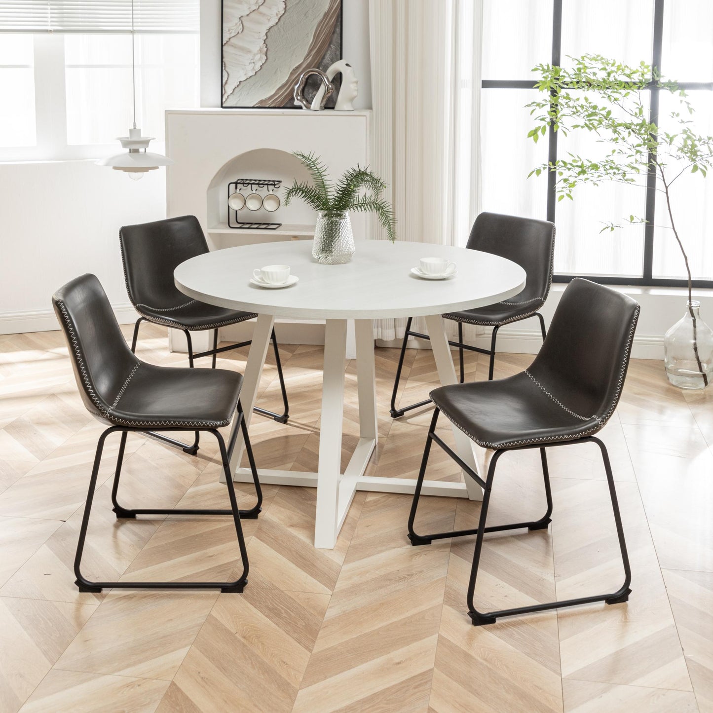 Varna 5-Piece Round Dining Set, Trestle Dining Table with 4 Stylish Chairs