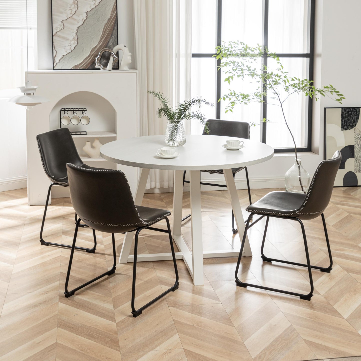 Varna 5-Piece Round Dining Set, Trestle Dining Table with 4 Stylish Chairs
