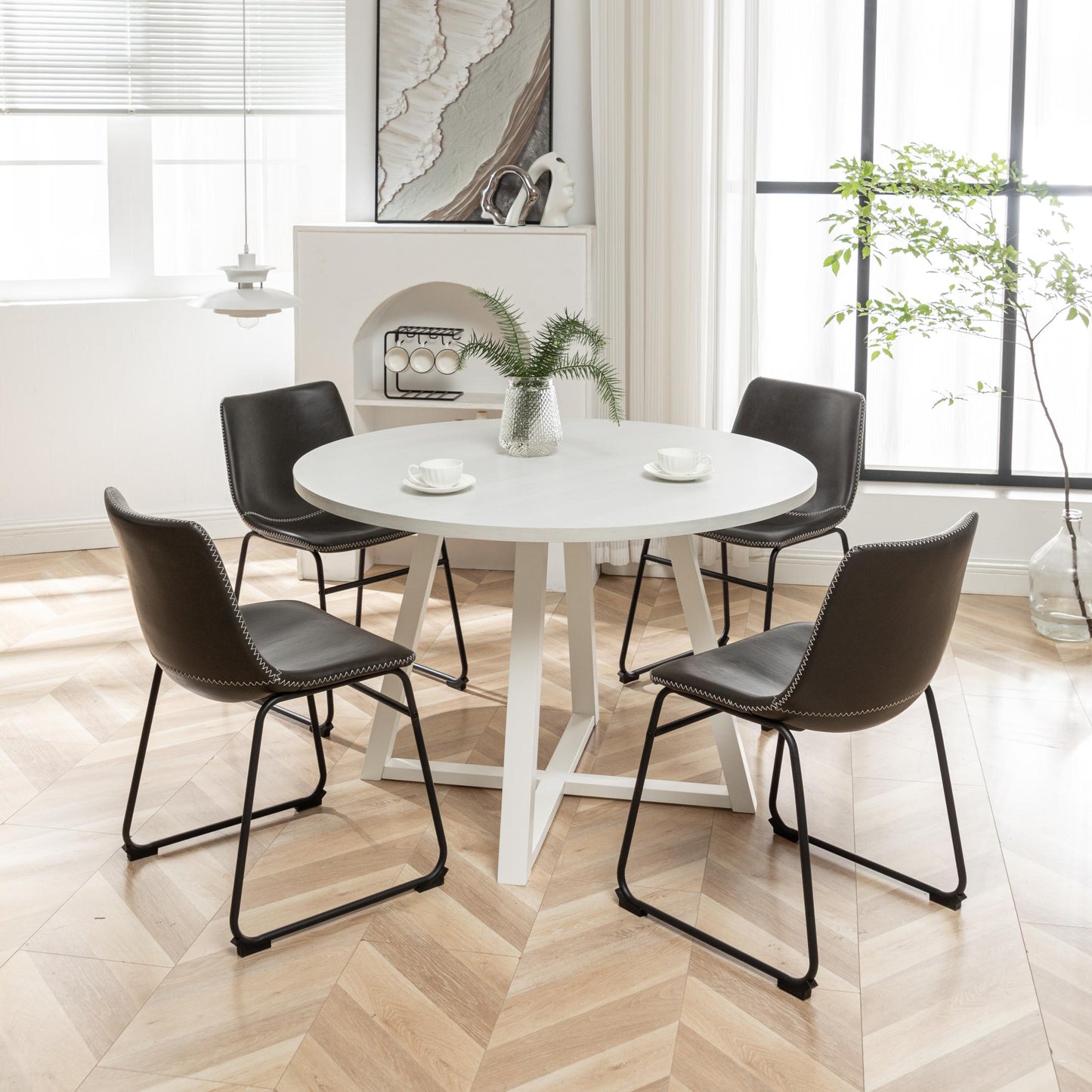 Varna 5-Piece Round Dining Set, Trestle Dining Table with 4 Stylish Chairs