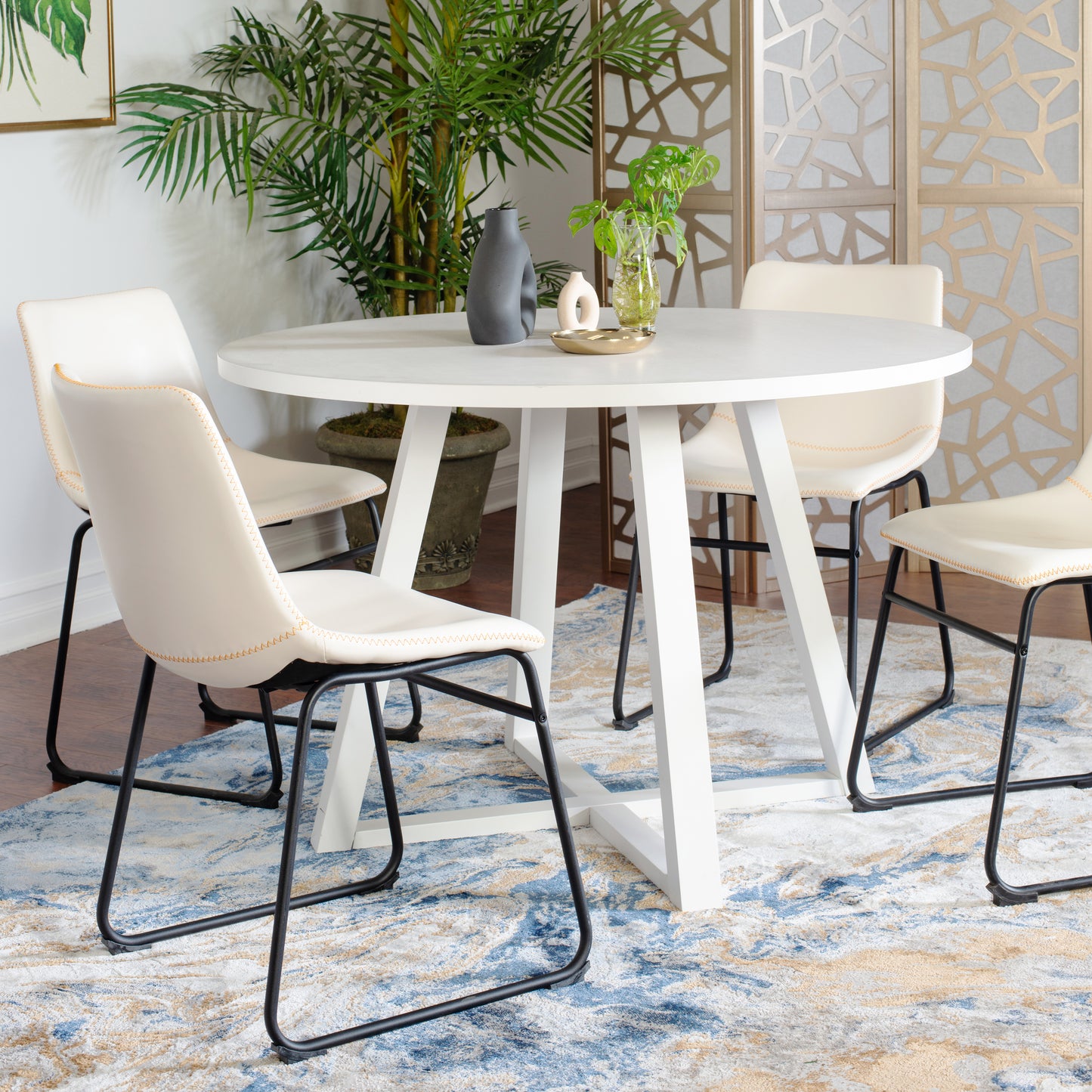 Varna 5-Piece Round Dining Set, Trestle Dining Table with 4 Stylish Chairs