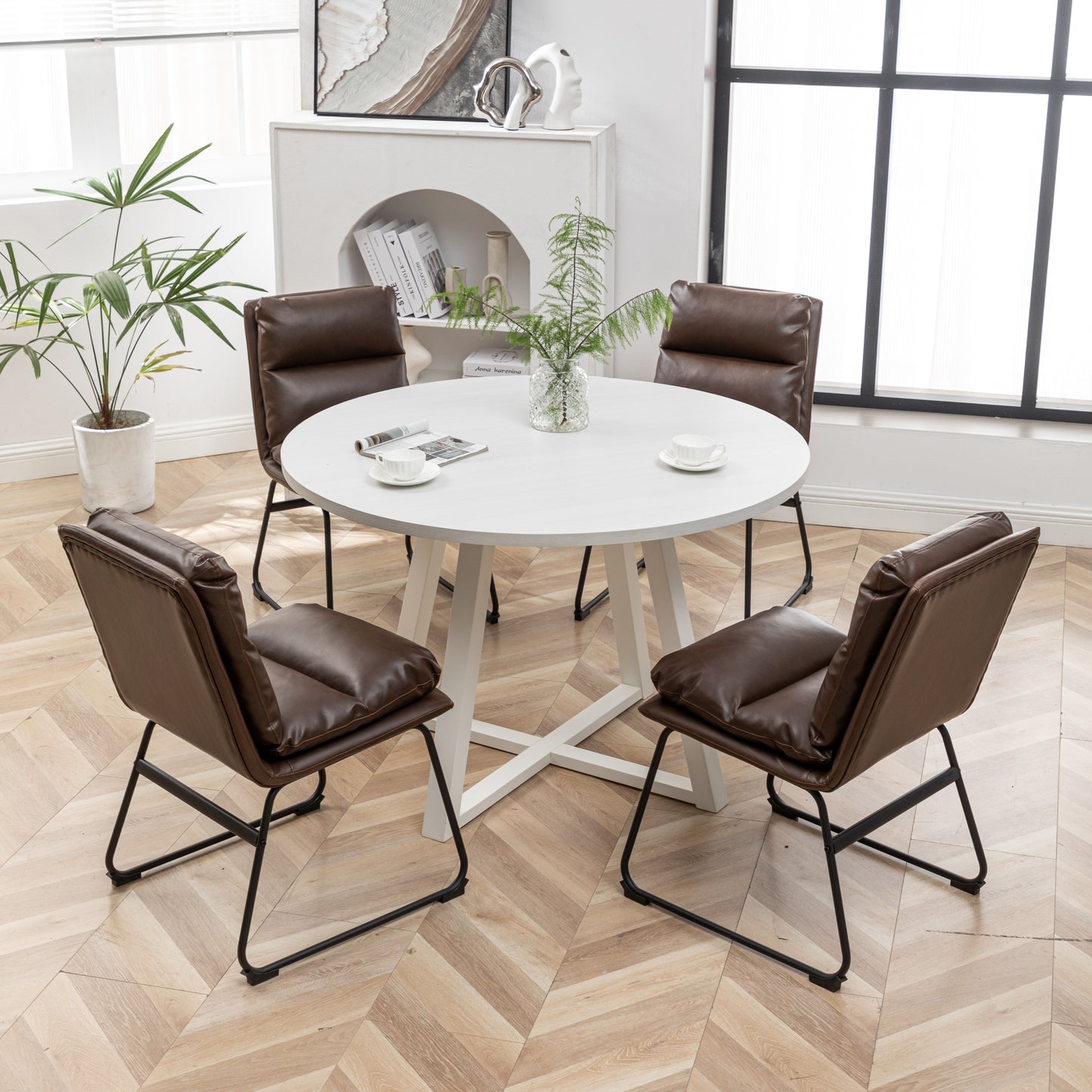 Innes 5-Piece Round Dining Set, Trestle Dining Table with 4 Stylish Chairs