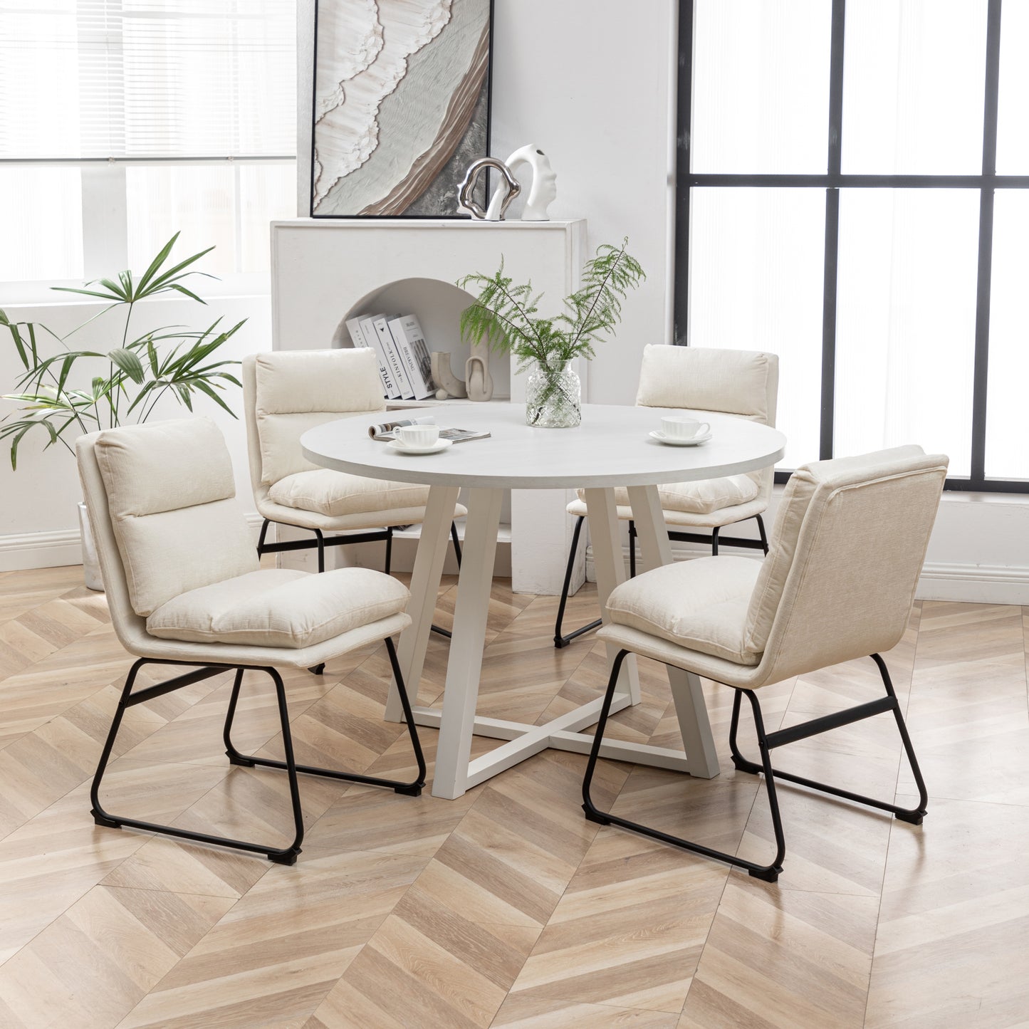 Innes 5-Piece Round Dining Set, Trestle Dining Table with 4 Stylish Chairs