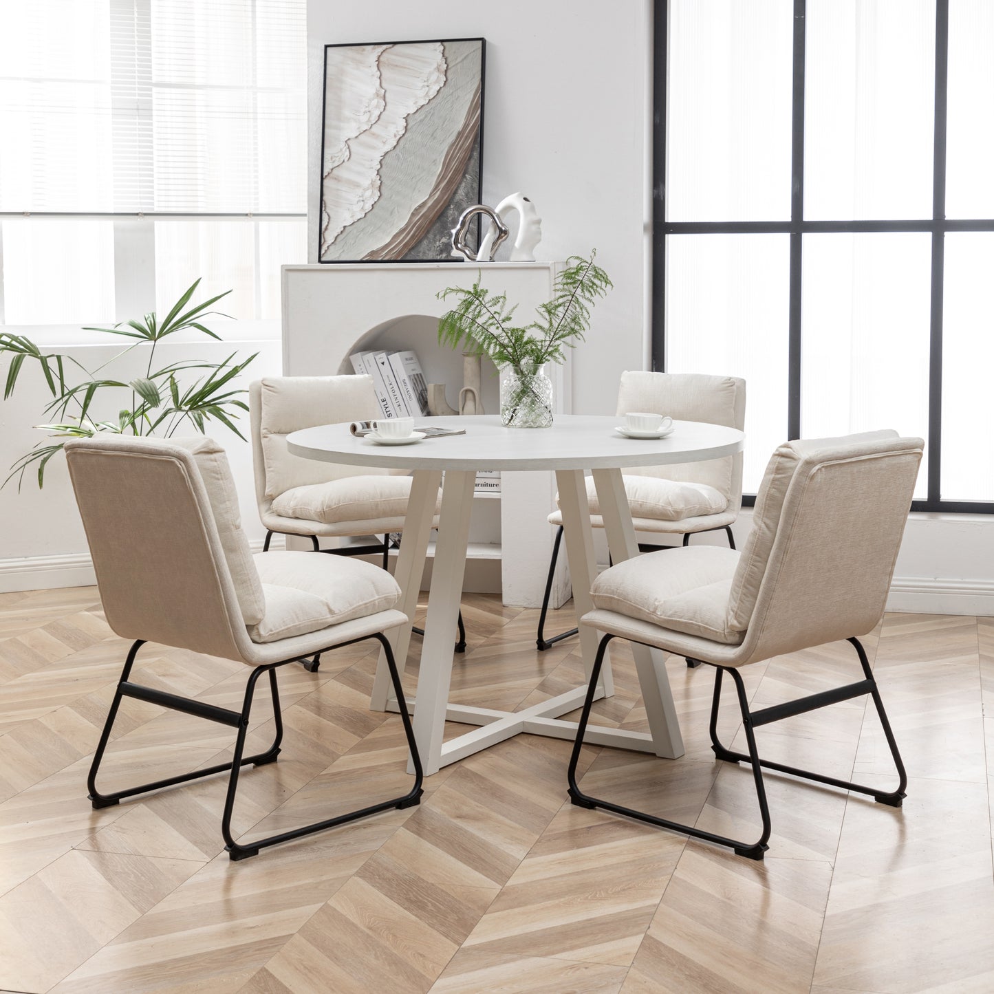 Innes 5-Piece Round Dining Set, Trestle Dining Table with 4 Stylish Chairs