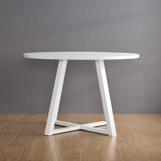 Edo Contemporary Round Dining Table, Trestle Base, White Finish