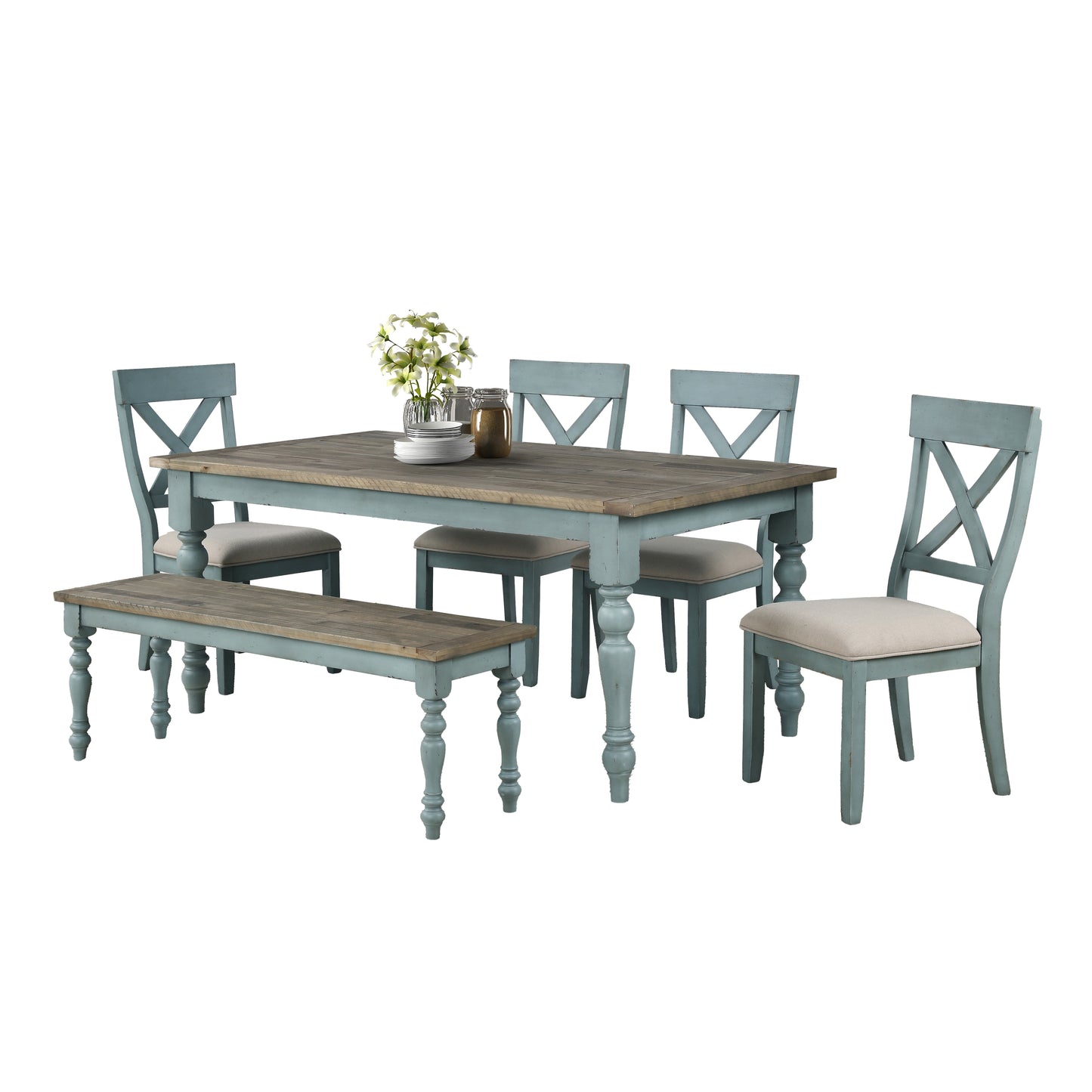 Prato 6-Piece Dining Set with Cross Back Chairs and Dining Bench