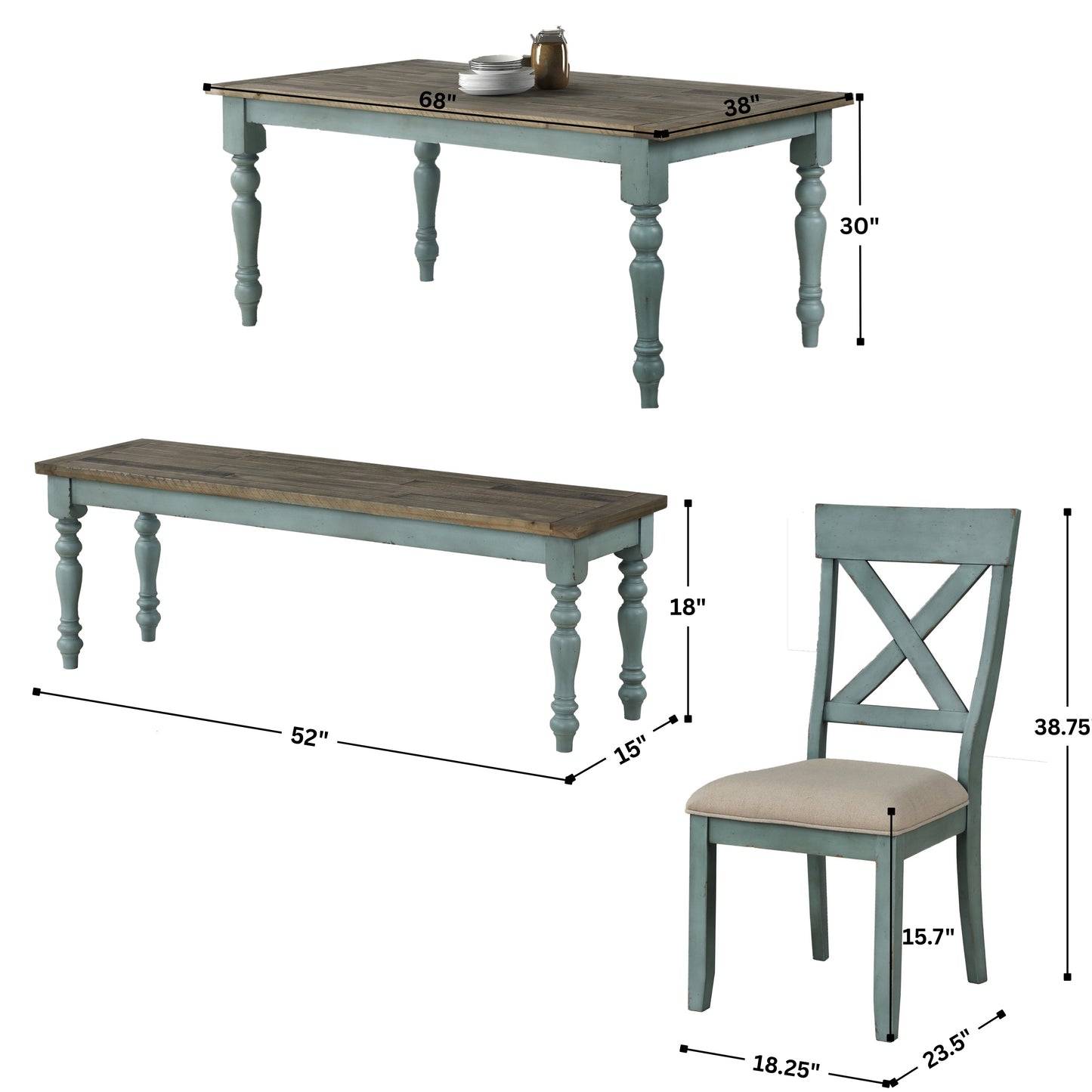 Prato 6-Piece Dining table'set with Cross Back Chairs and Dining Bench