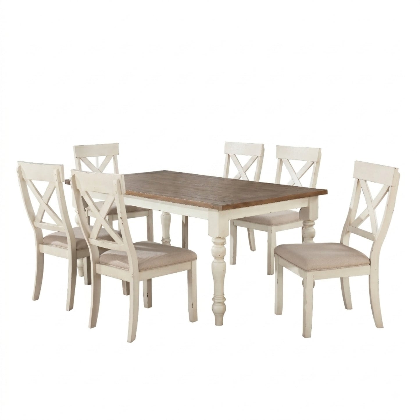 Prato 7-piece Dining table'set With Cross Back Chairs, Antique White and Distressed Oak