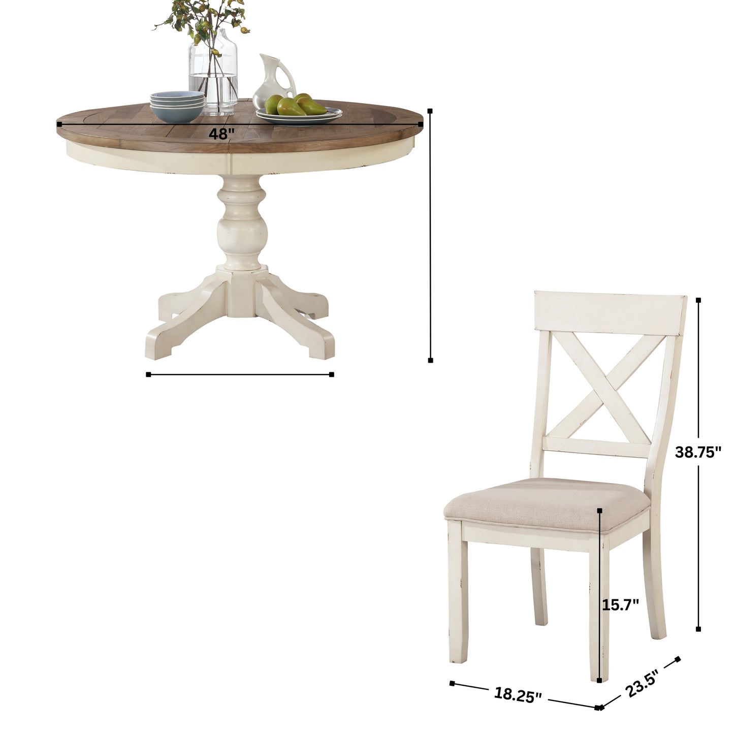 Prato 5-Piece Round Dining table'set with Cross Back Chairs, Antique White and Distressed Oak